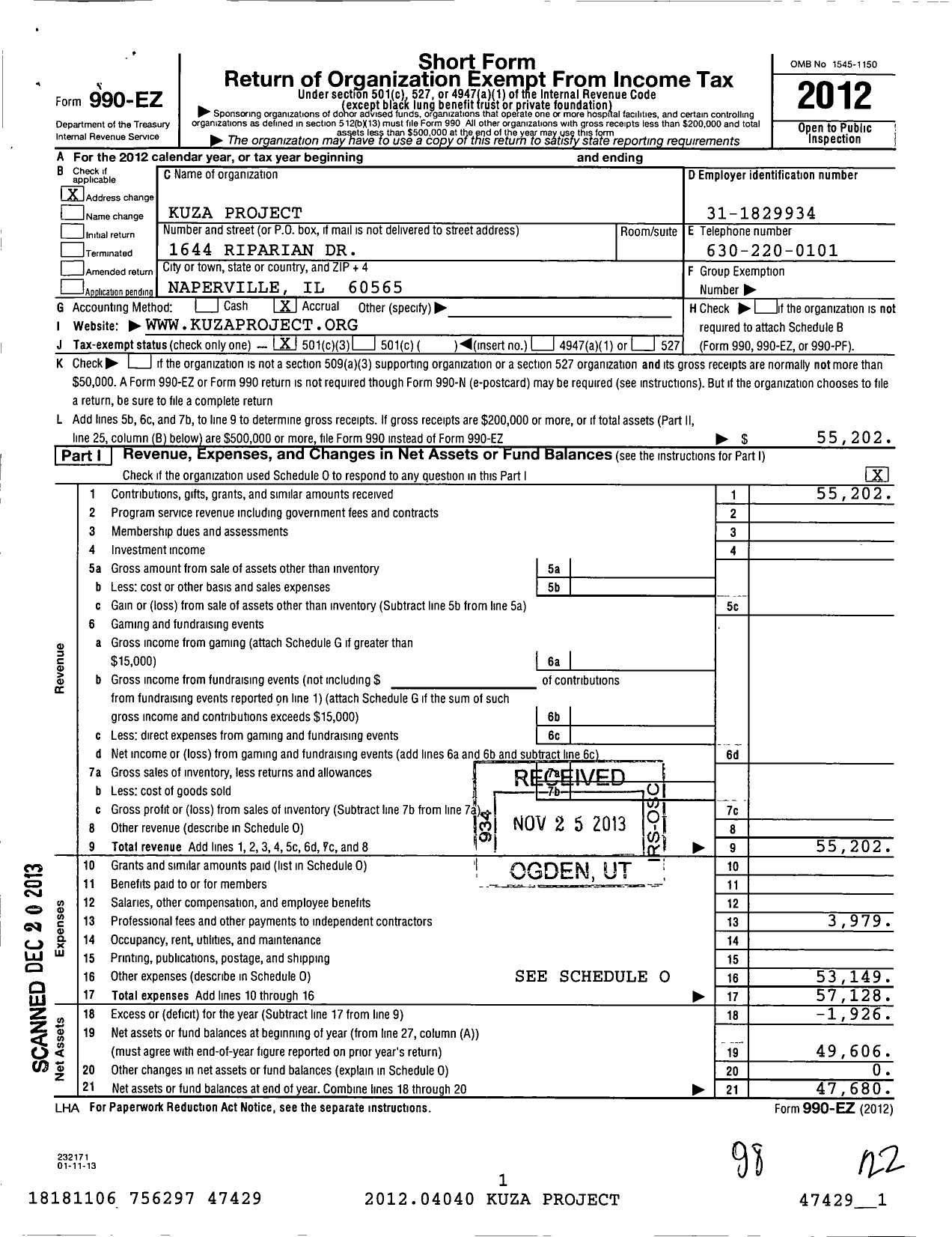 Image of first page of 2012 Form 990EZ for Kuza Project