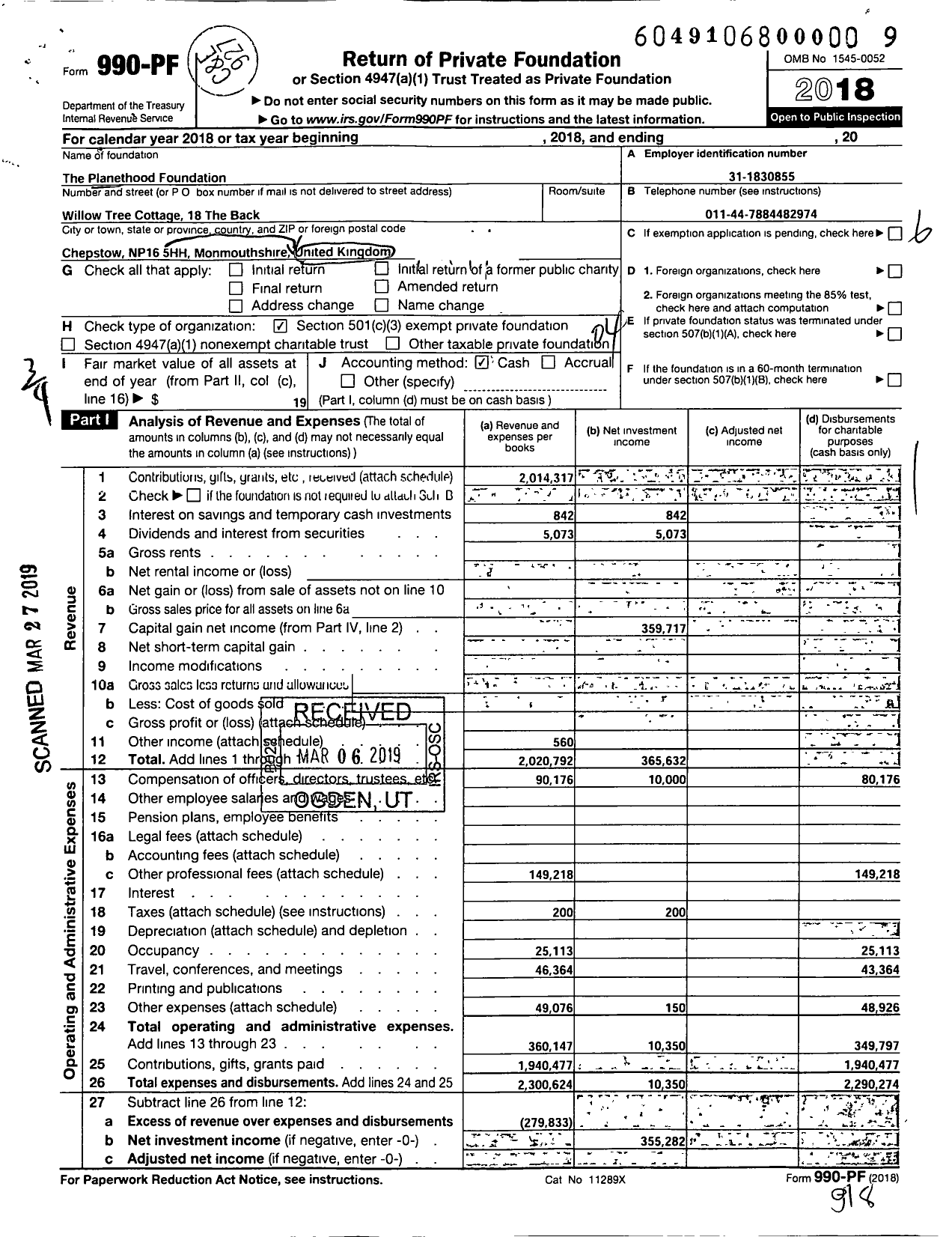 Image of first page of 2018 Form 990PF for The Planethood Foundation