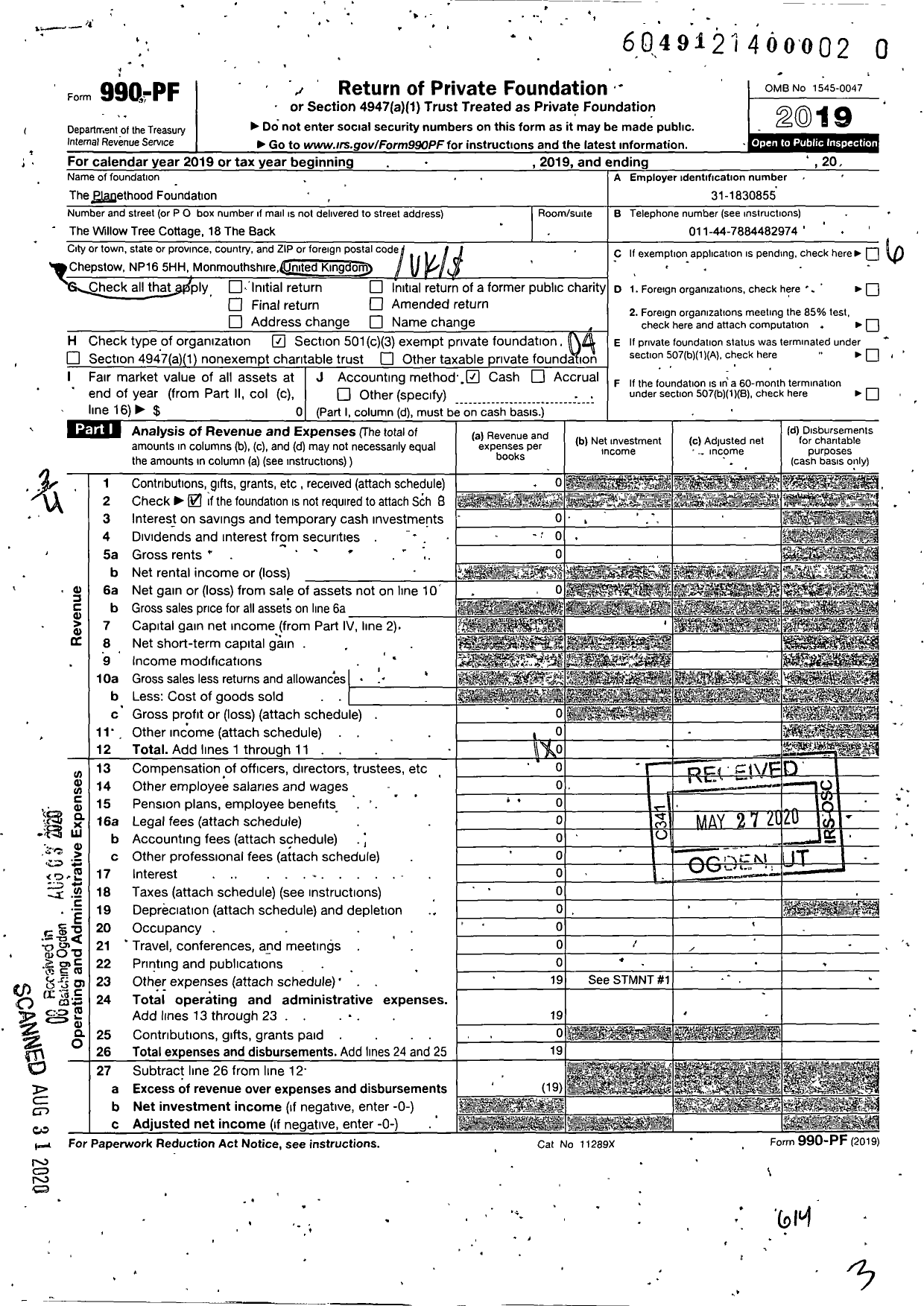 Image of first page of 2019 Form 990PR for The Planethood Foundation