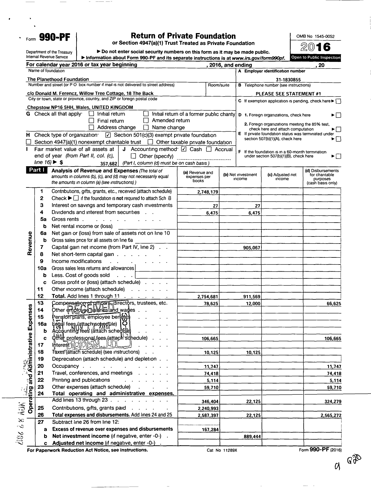 Image of first page of 2016 Form 990PF for The Planethood Foundation