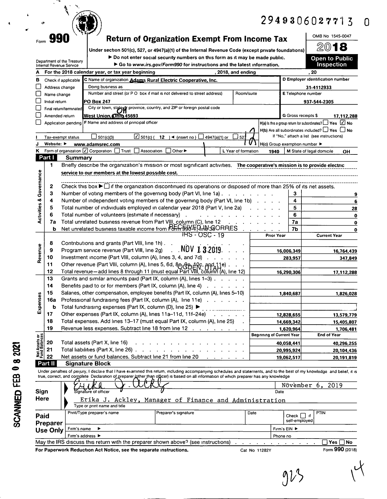 Image of first page of 2018 Form 990O for Adams Rural Electric Cooperative