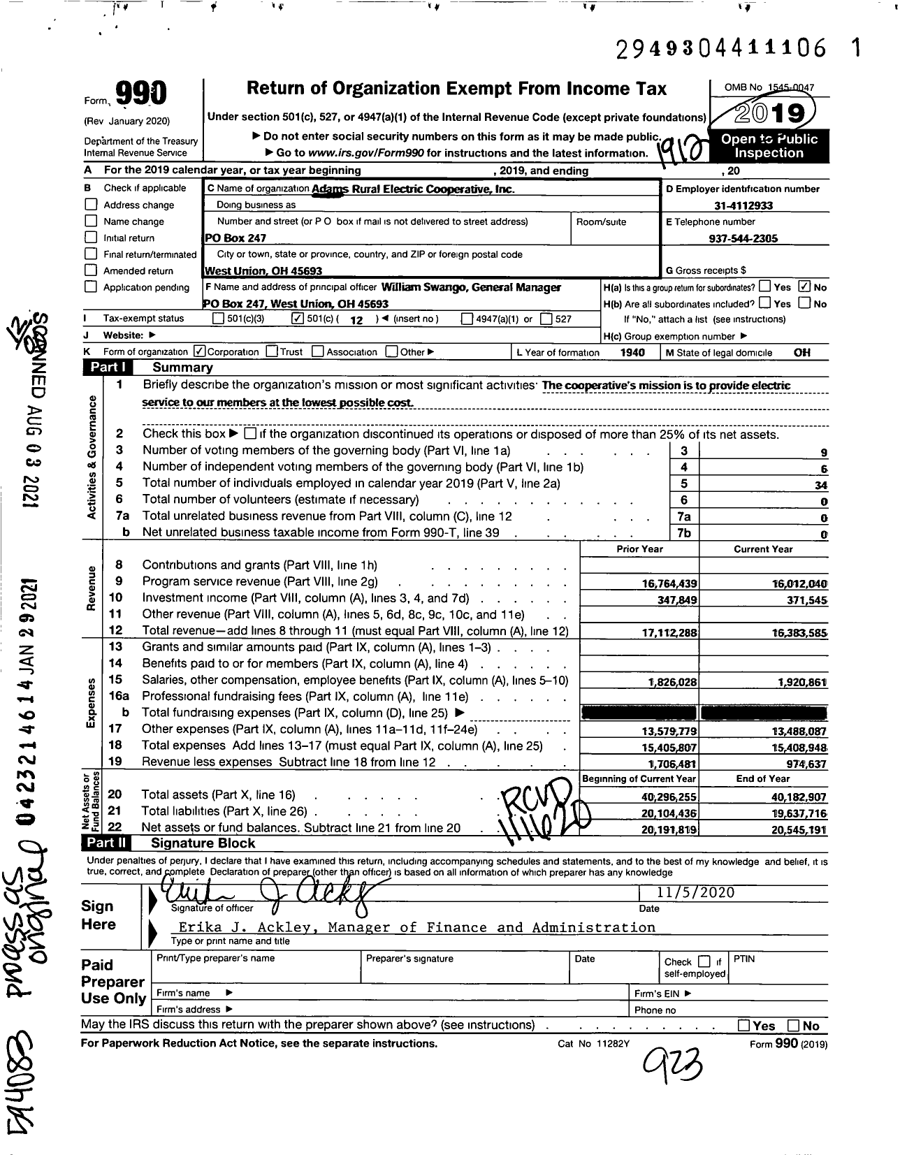 Image of first page of 2019 Form 990O for Adams Rural Electric Cooperative