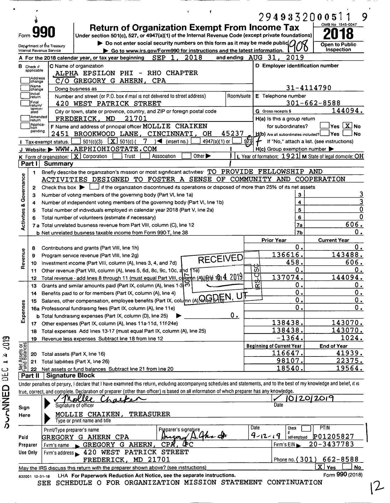 Image of first page of 2018 Form 990O for Alpha Epsilon Phi - Rho Chapter