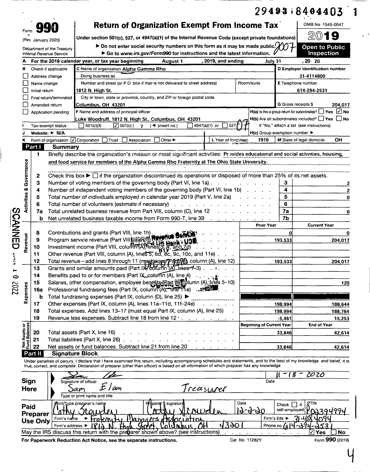 Image of first page of 2019 Form 990O for Alpha Gamma Rho Fraternity - Beta Chapter