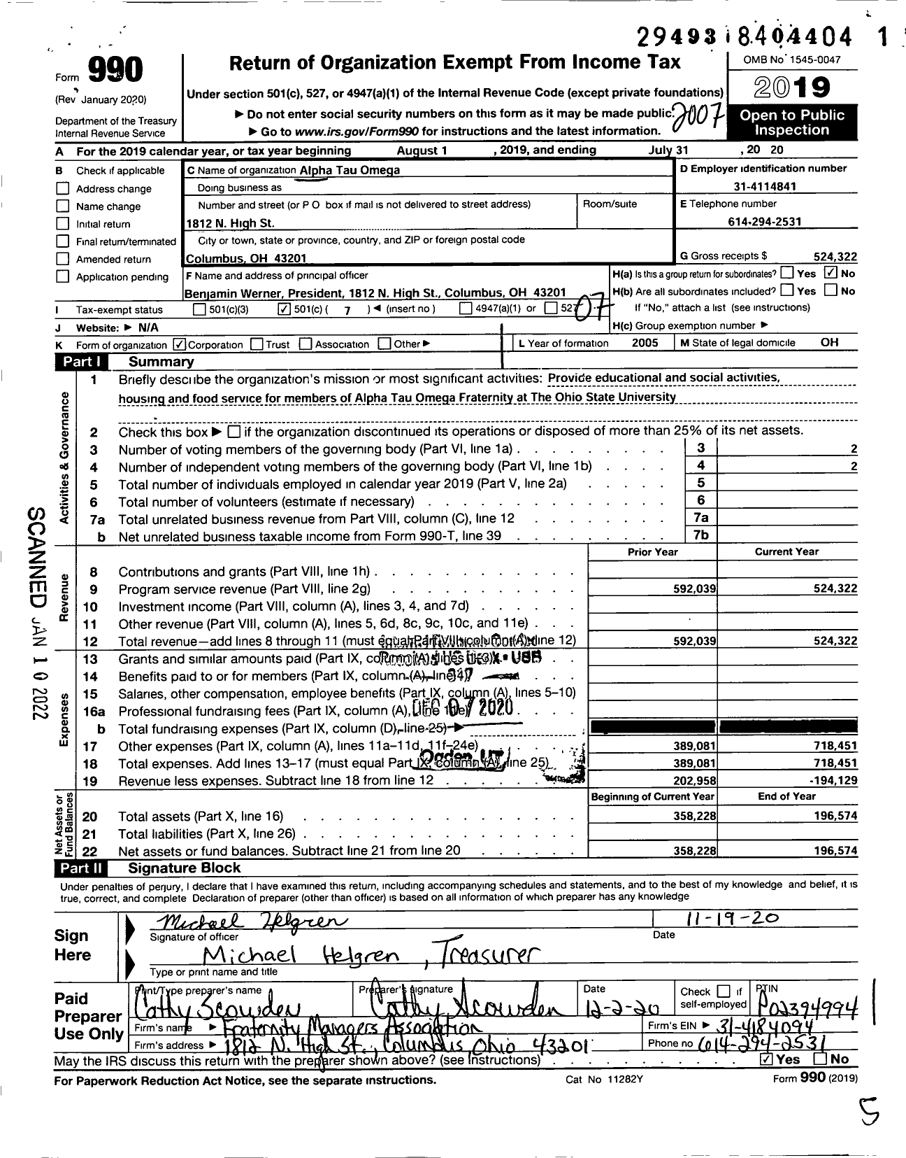 Image of first page of 2019 Form 990O for Alpha Tau Omega - Beta Omega Chapter Ohio State