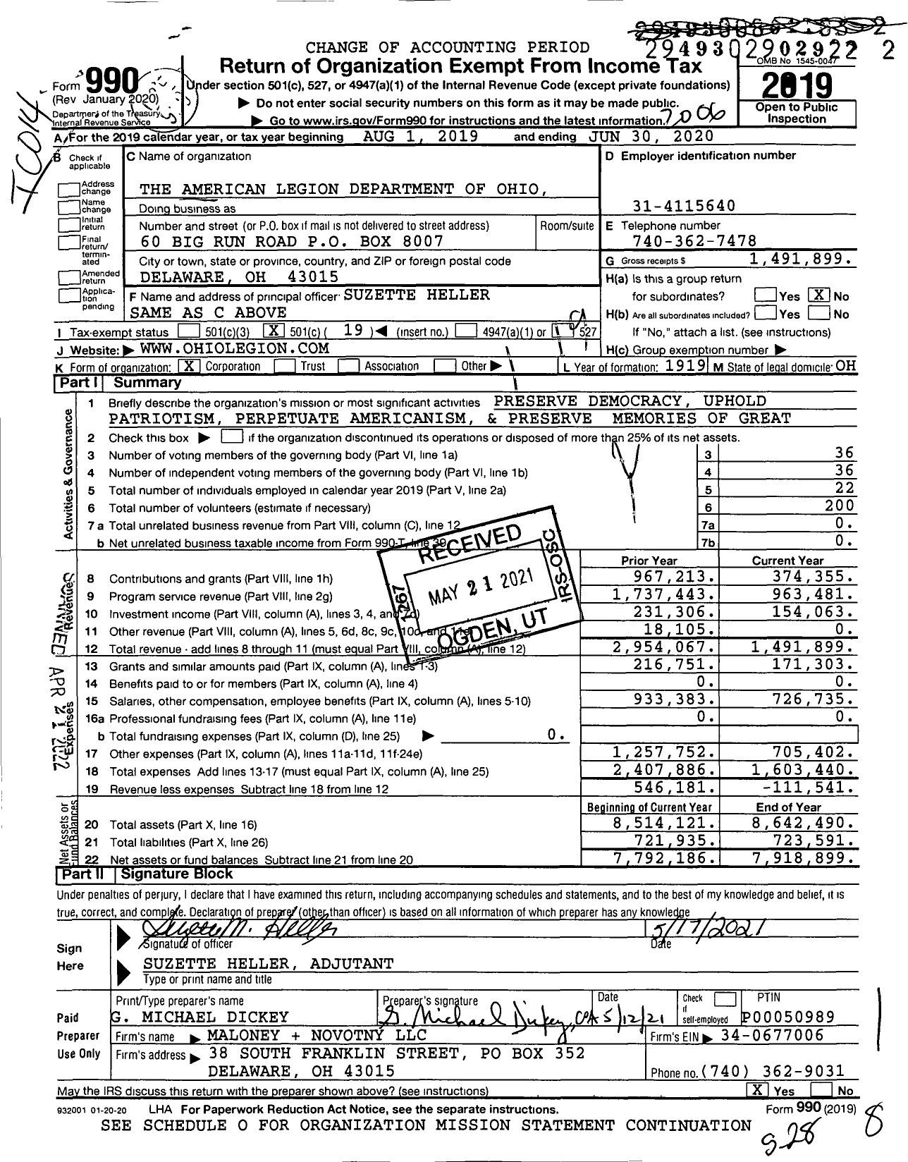 Image of first page of 2019 Form 990O for American Legion - 38 Dept of Ohio