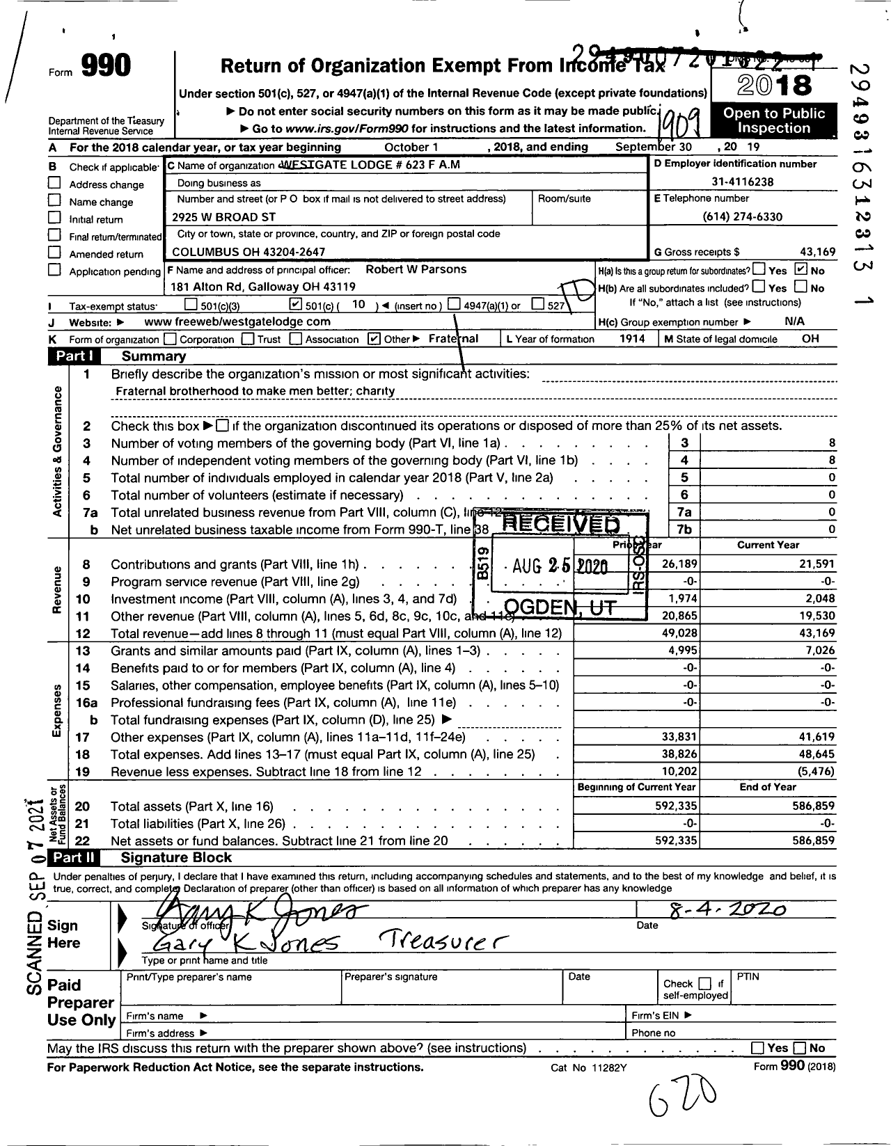 Image of first page of 2018 Form 990O for Free & Accepted Masons of Ohio - West Gate Lodge No 623 F&am