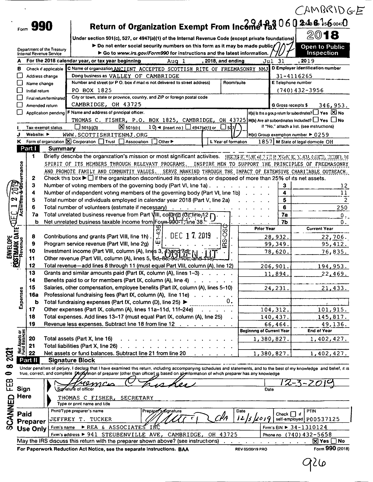 Image of first page of 2018 Form 990O for Scottish Rite, NMJ - Valley of Cambridge