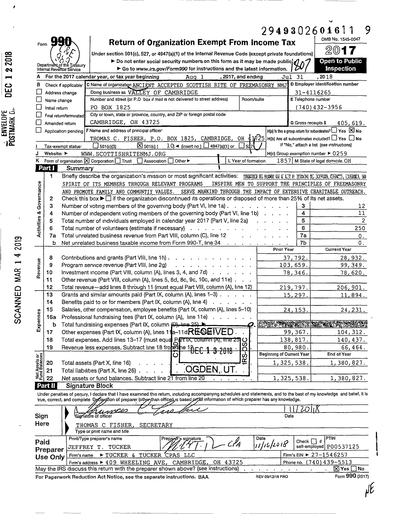 Image of first page of 2017 Form 990O for Scottish Rite, NMJ - Valley of Cambridge