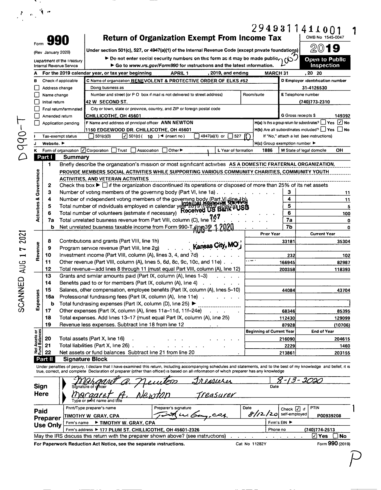 Image of first page of 2019 Form 990O for Benevolent and Protective Order of Elks - 52 Chillicothe