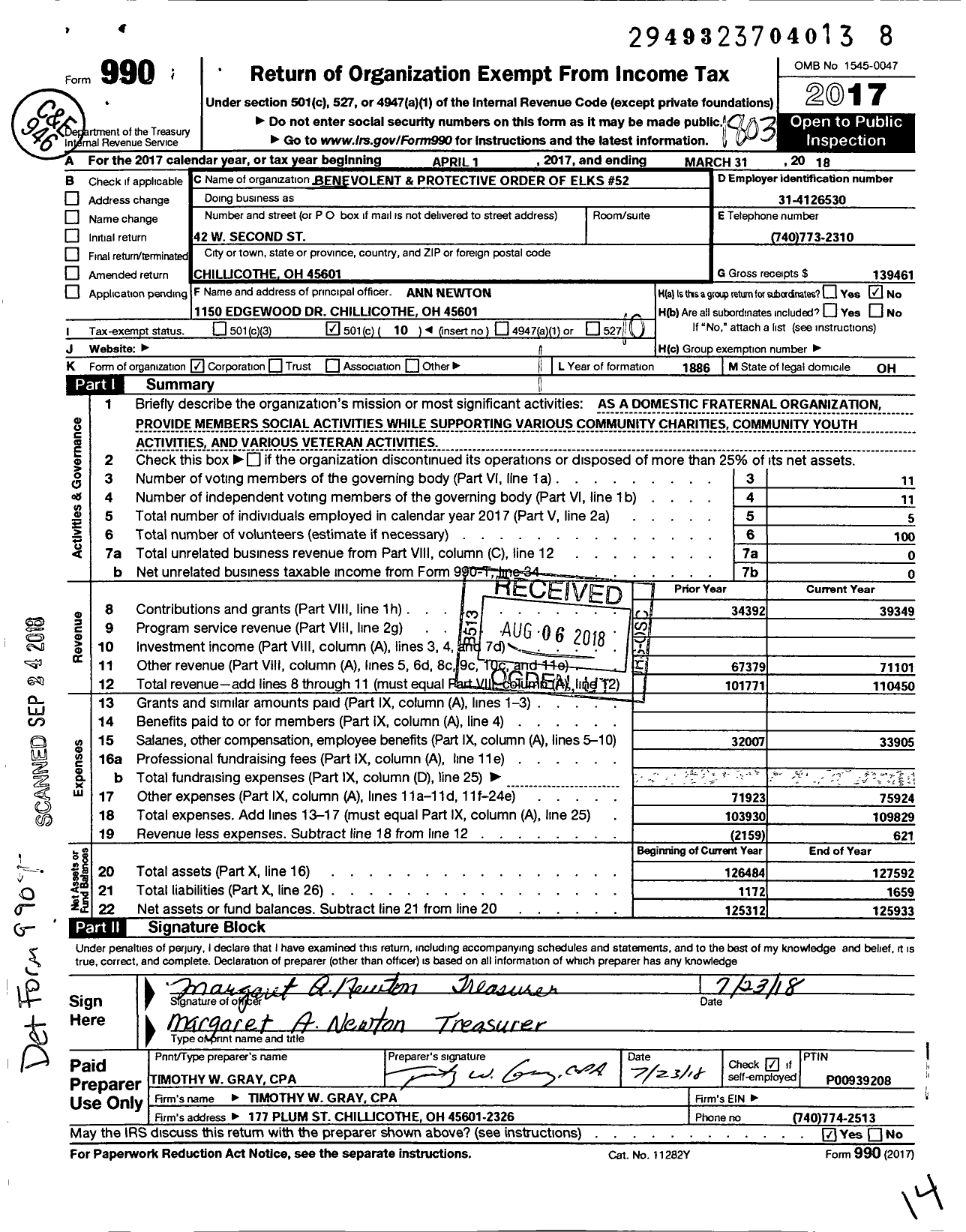 Image of first page of 2017 Form 990O for Benevolent and Protective Order of Elks - 52 Chillicothe