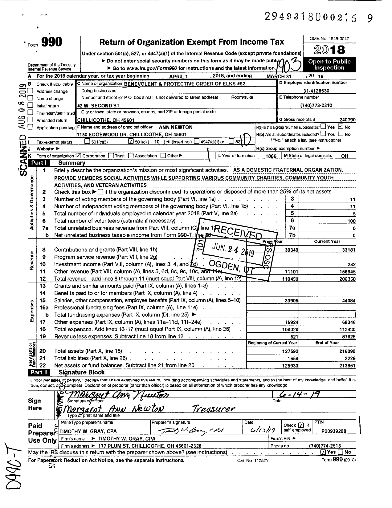 Image of first page of 2018 Form 990O for Benevolent and Protective Order of Elks - 52 Chillicothe