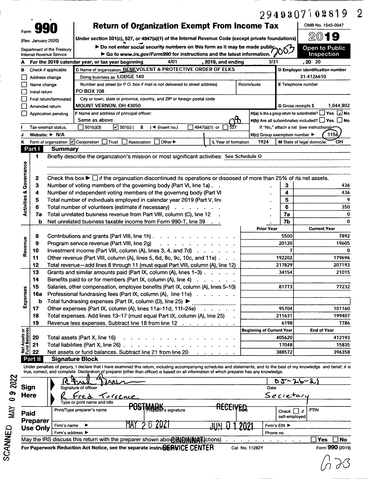 Image of first page of 2019 Form 990O for Benevolent and Protective Order of Elks - 140 Mount Vernon