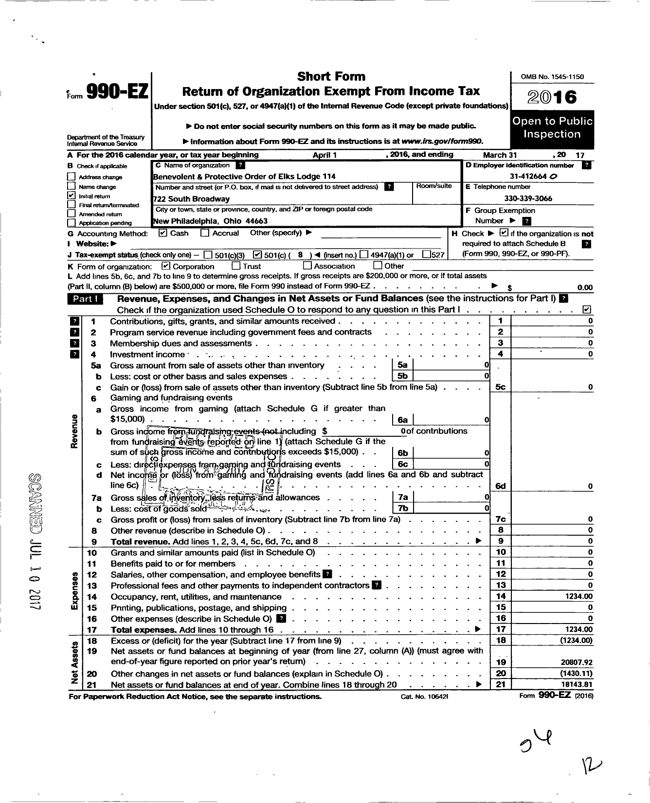 Image of first page of 2016 Form 990EO for Benevolent and Protective Order of Elks - 114 Zanesville