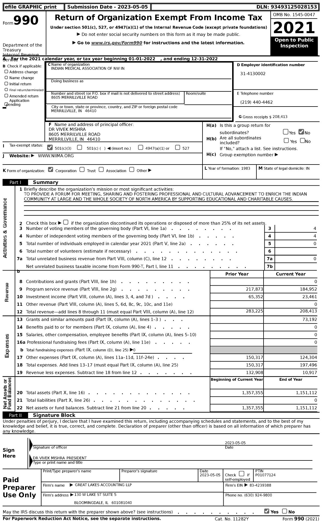 Image of first page of 2022 Form 990 for Indian Medical Association of NW in