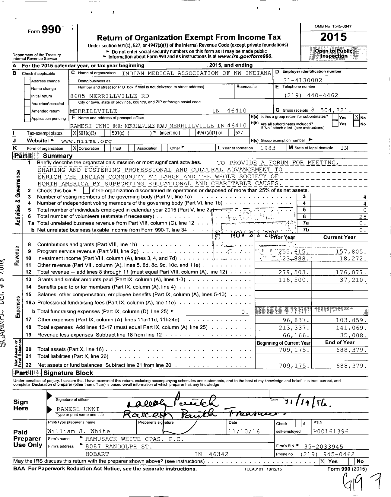 Image of first page of 2015 Form 990 for Indian Medical Association of NW in