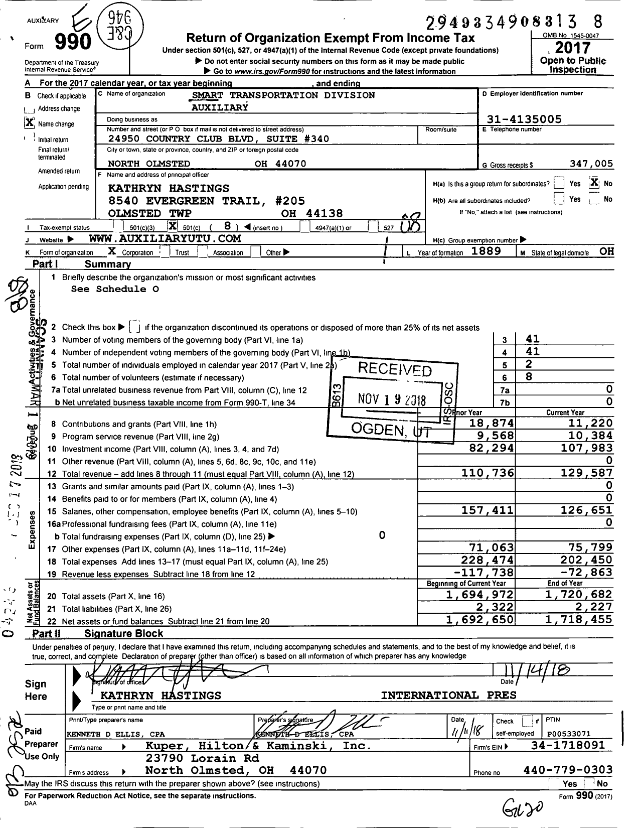 Image of first page of 2017 Form 990O for Smart Transportation Division Auxiliary