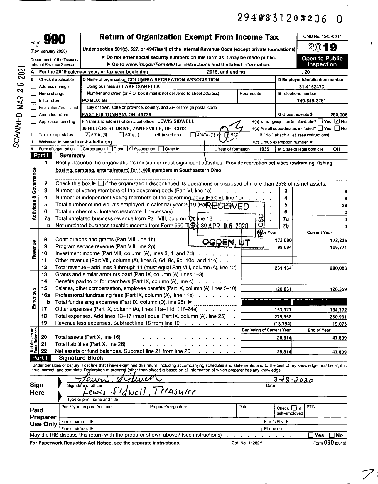 Image of first page of 2019 Form 990 for Columbia Recreation Association