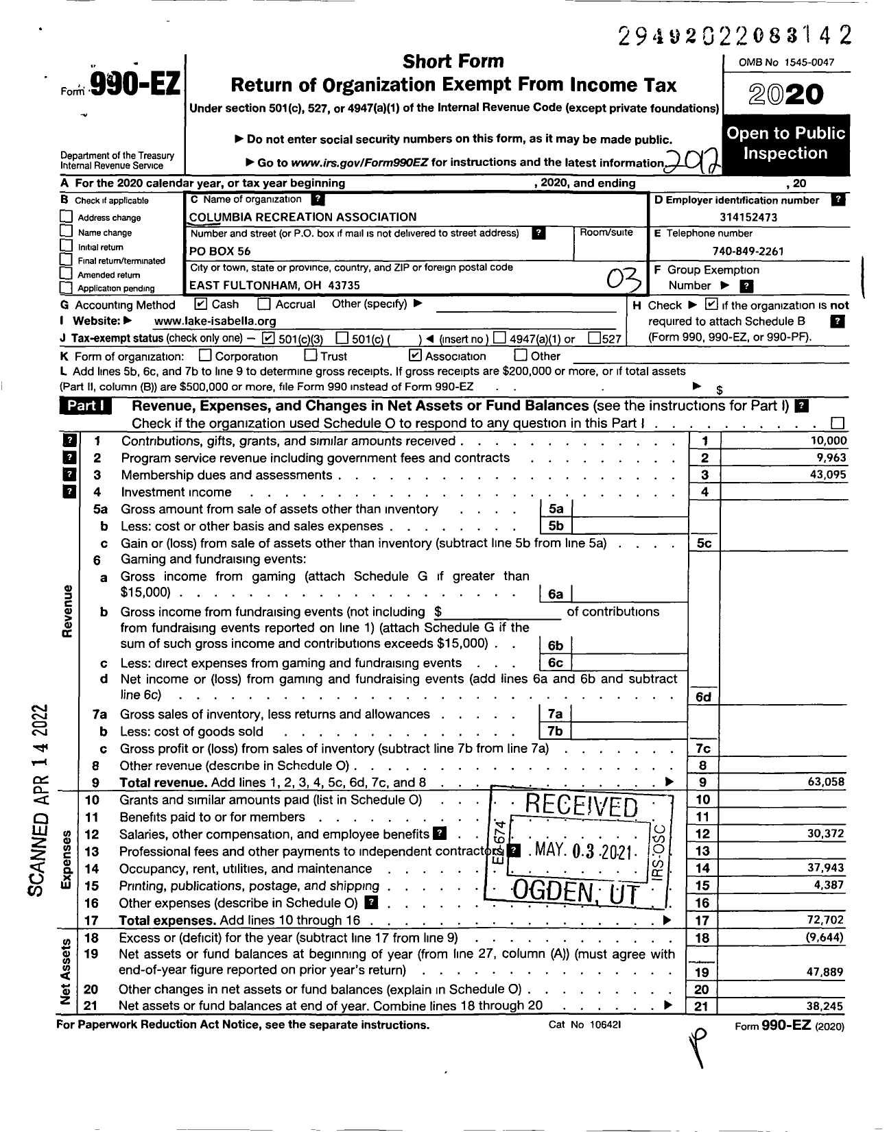 Image of first page of 2020 Form 990EZ for Columbia Recreation Association