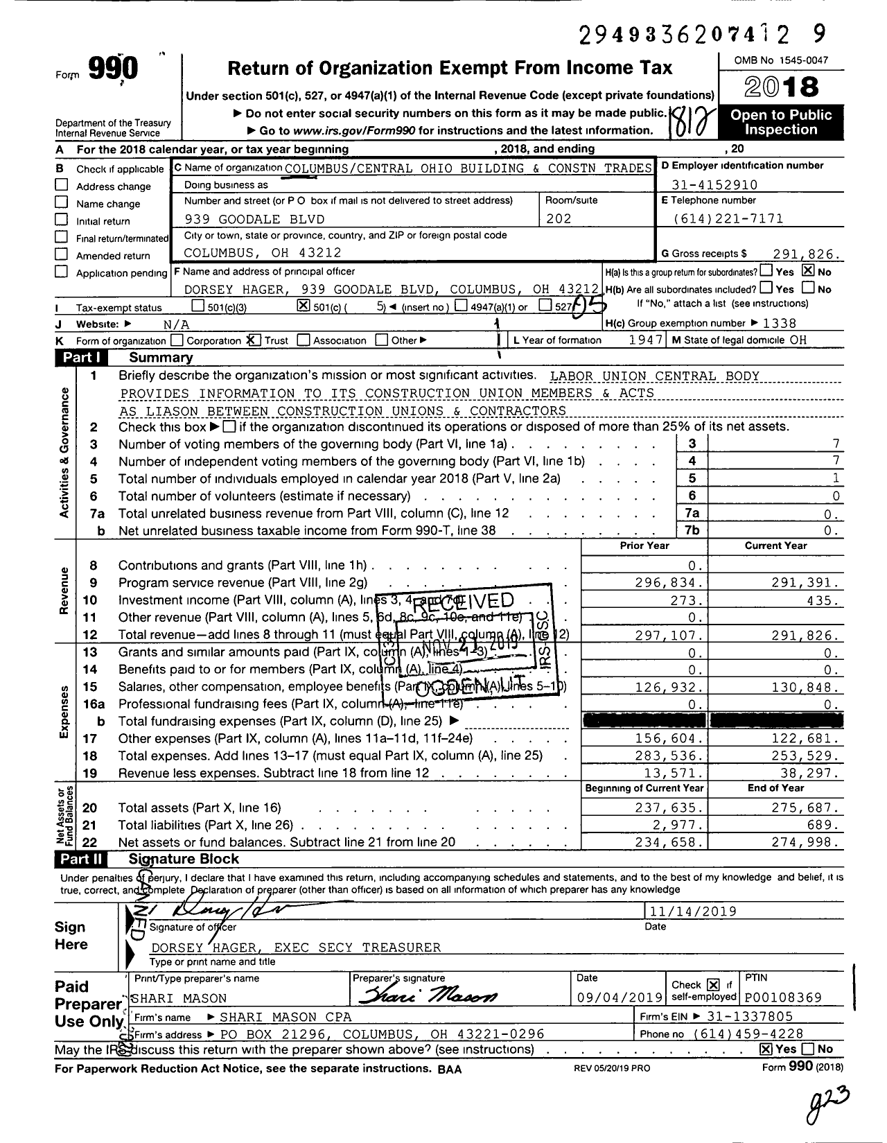Image of first page of 2018 Form 990O for AFL-CIO - Columbus-Central Oh Bldg & Constn T