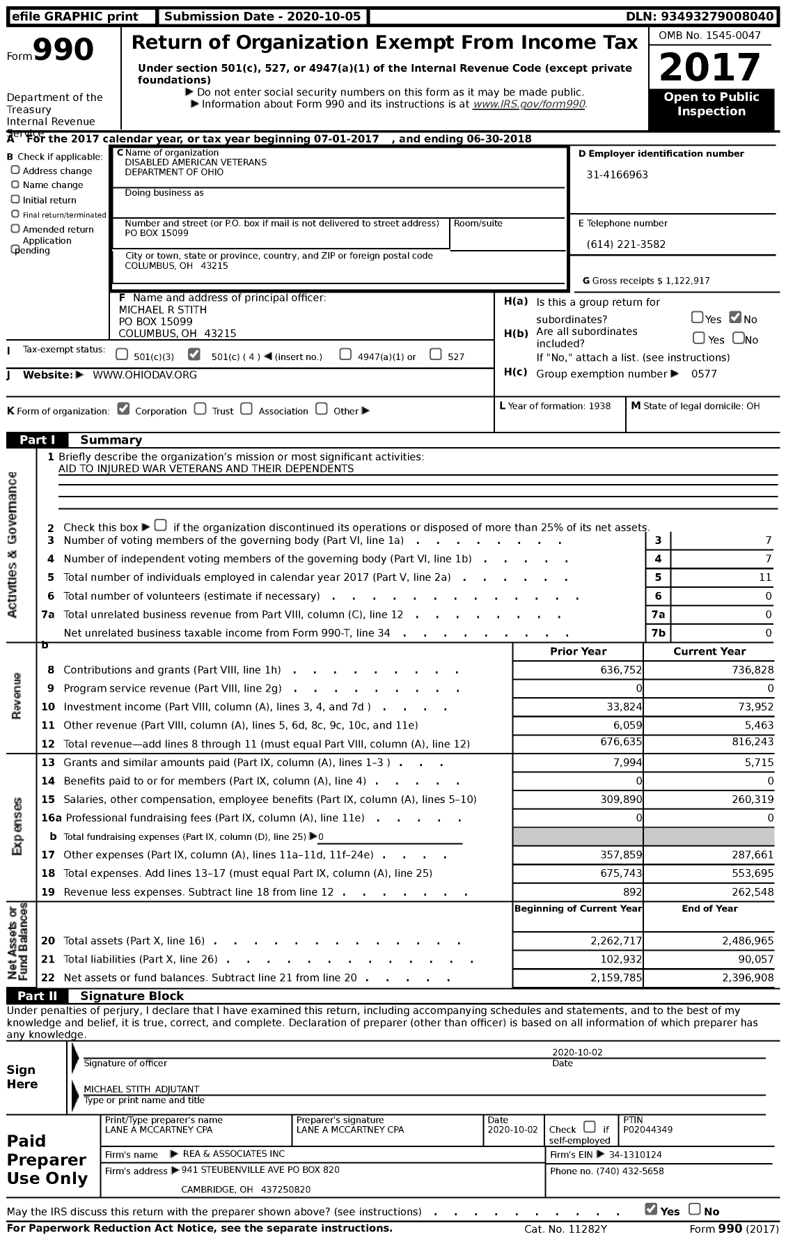 Image of first page of 2017 Form 990 for Disabled American Veterans Department of Ohio