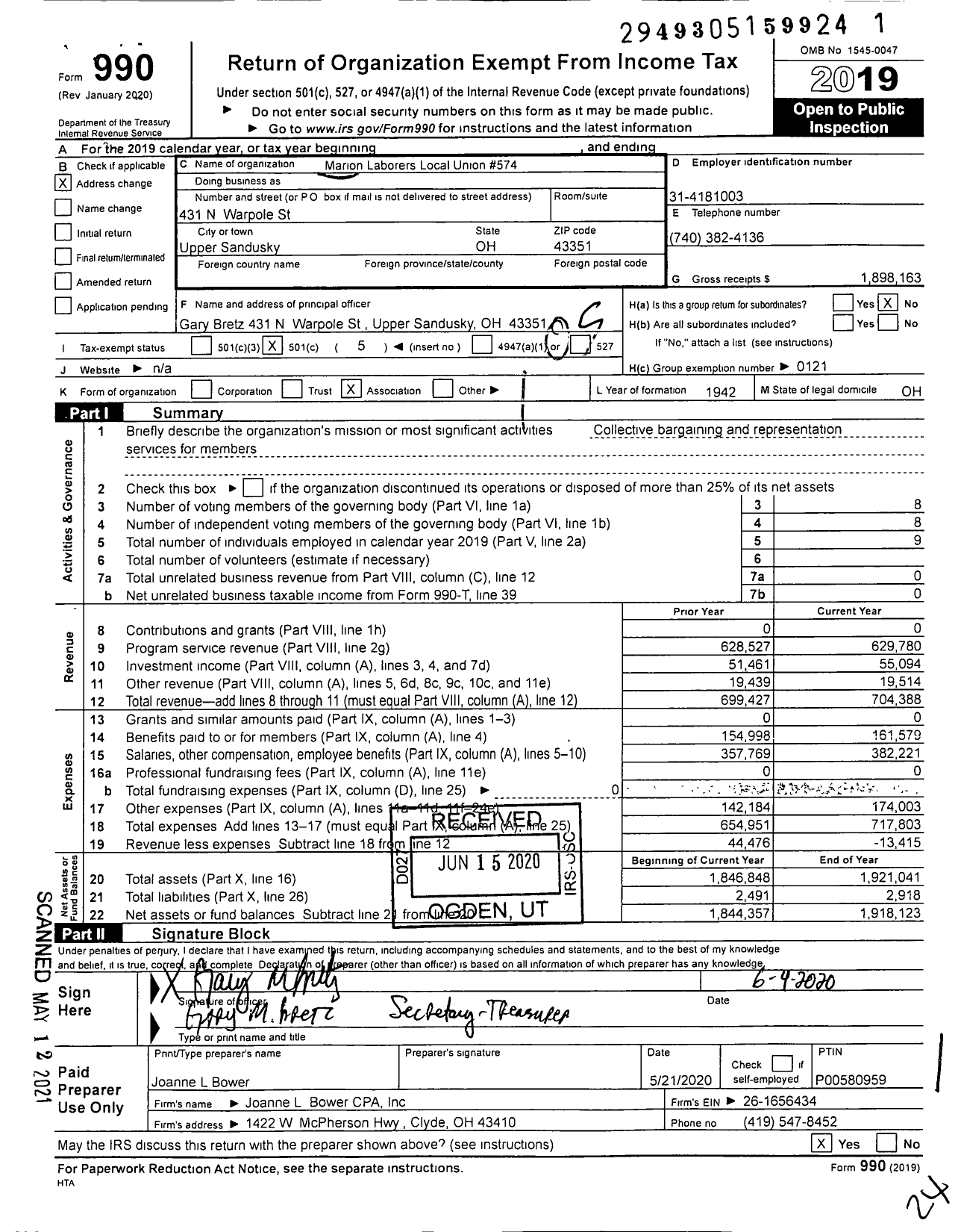 Image of first page of 2019 Form 990O for Laborers' International Union of North America - 574 Local Union