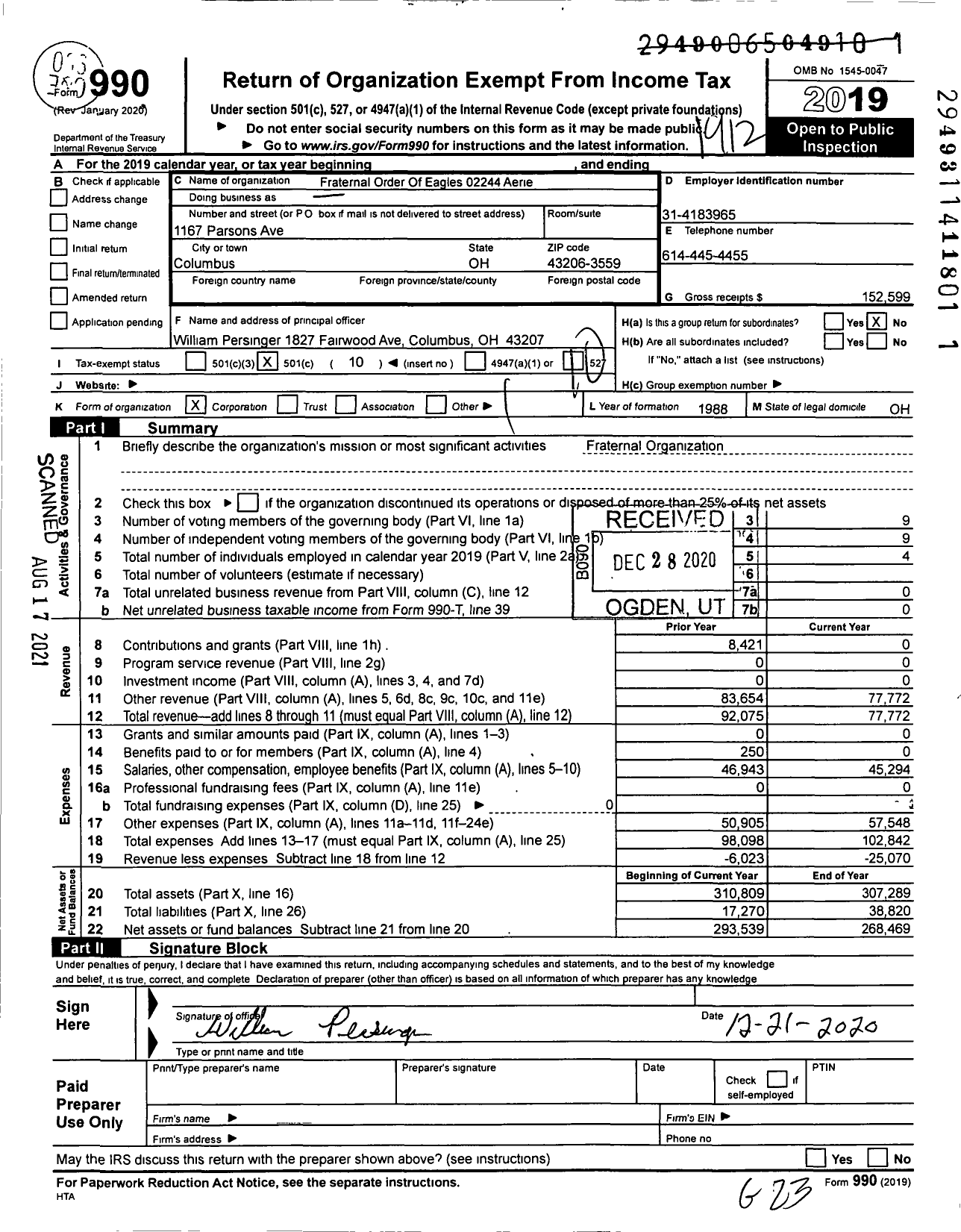 Image of first page of 2019 Form 990O for Fraternal Order of Eagles - 2244 Aerie