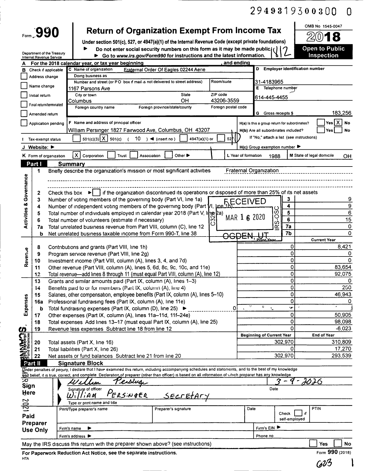 Image of first page of 2018 Form 990O for Fraternal Order of Eagles - 2244 Aerie