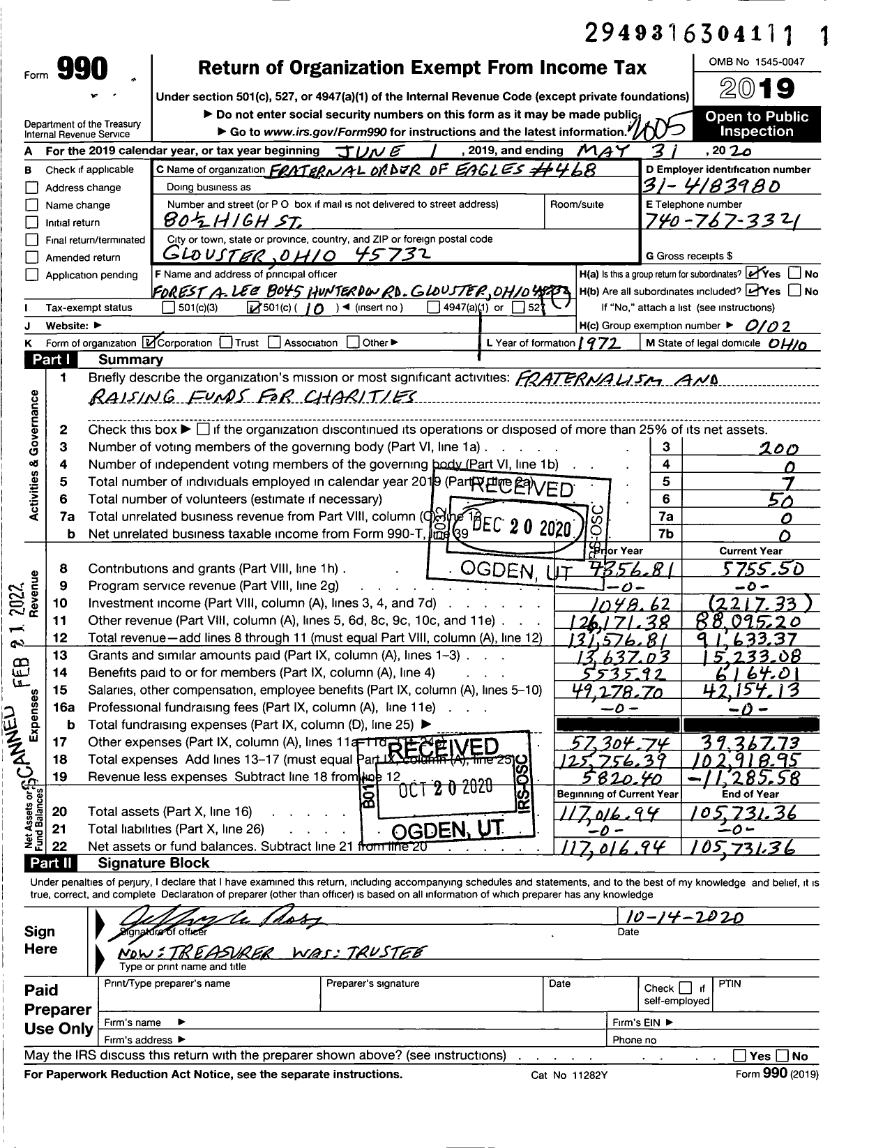 Image of first page of 2019 Form 990O for Fraternal Order of Eagles - Glouster Eagle 468