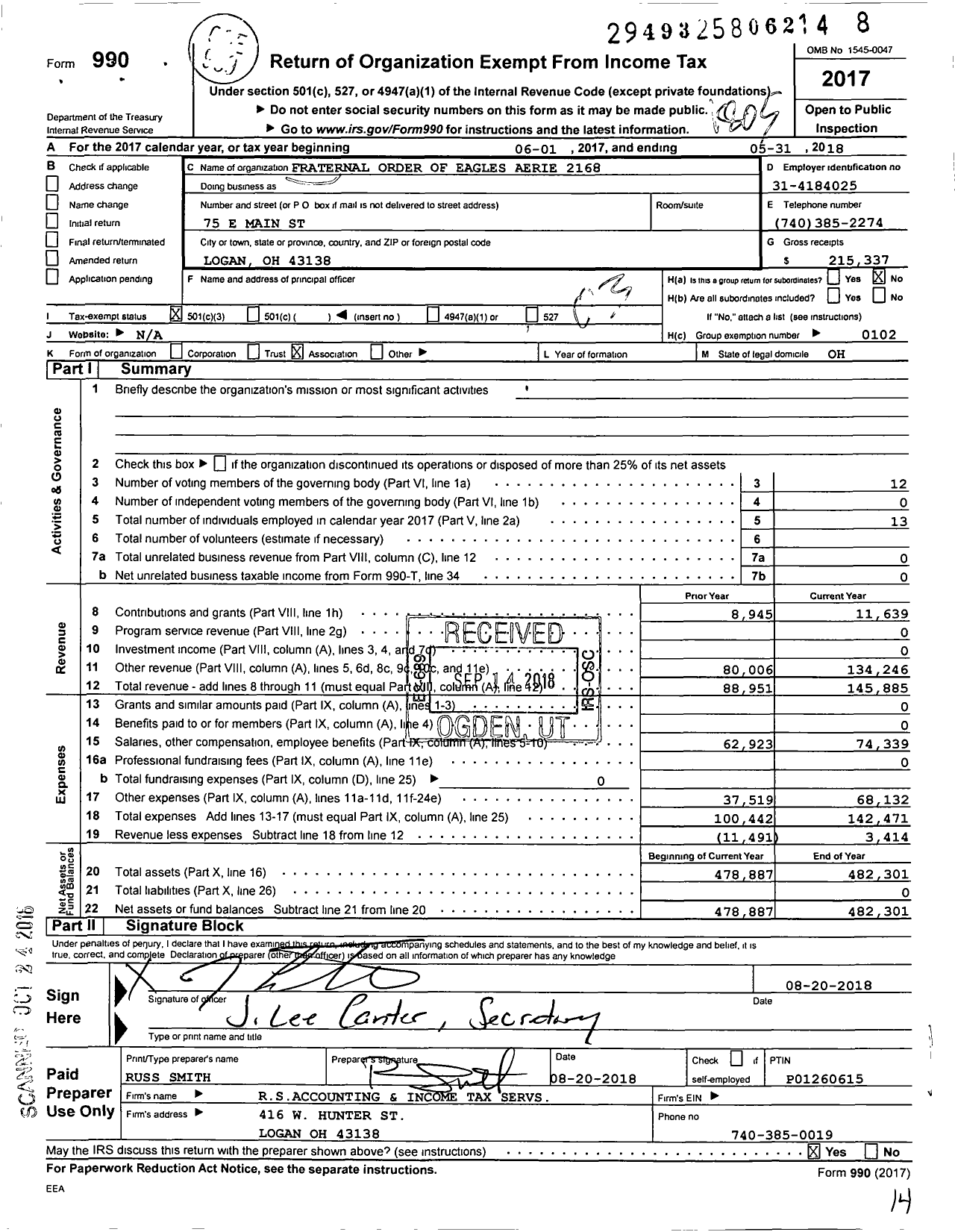 Image of first page of 2017 Form 990 for Fraternal Order of Eagles - 2168 Aerie