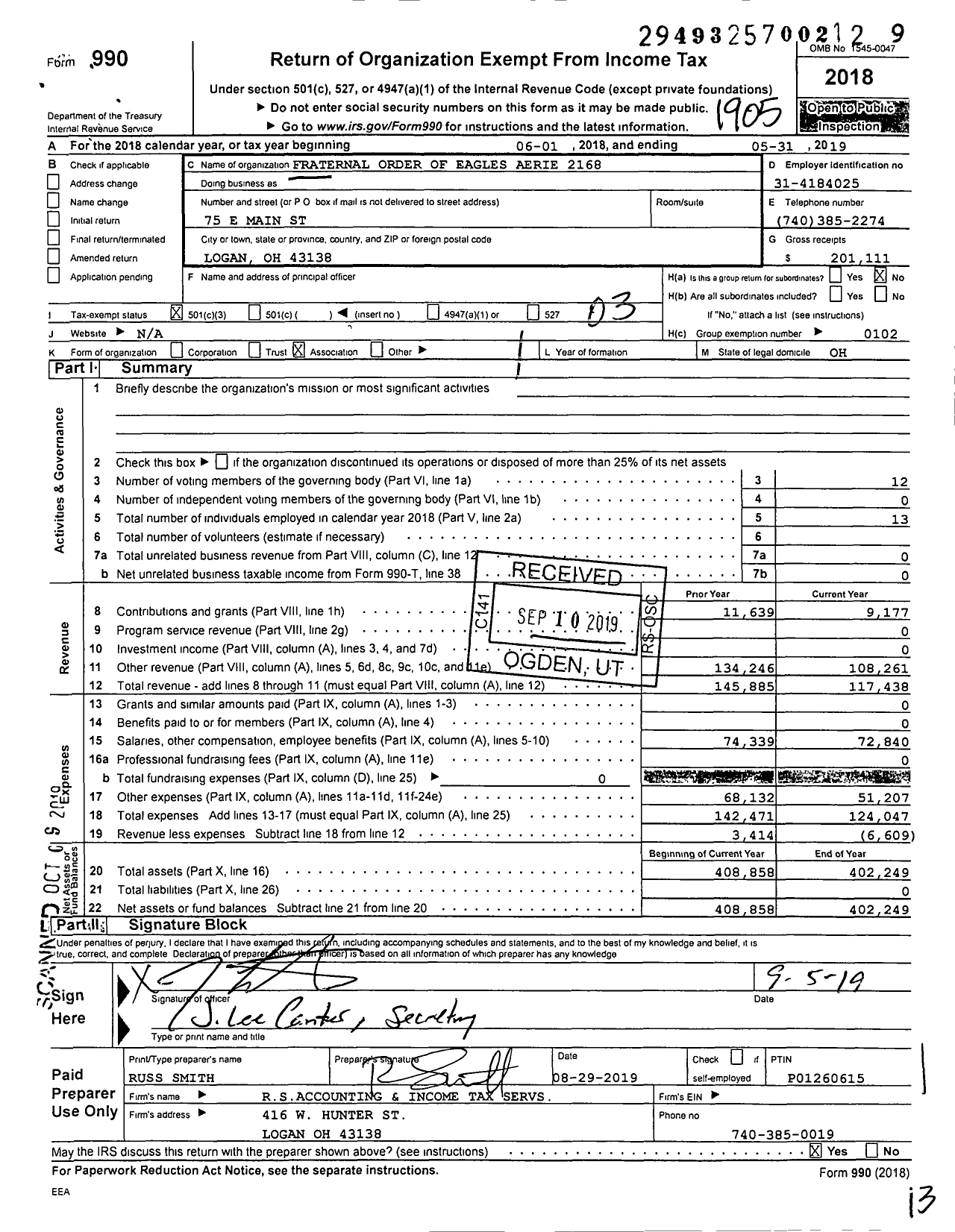 Image of first page of 2018 Form 990 for Fraternal Order of Eagles - 2168 Aerie