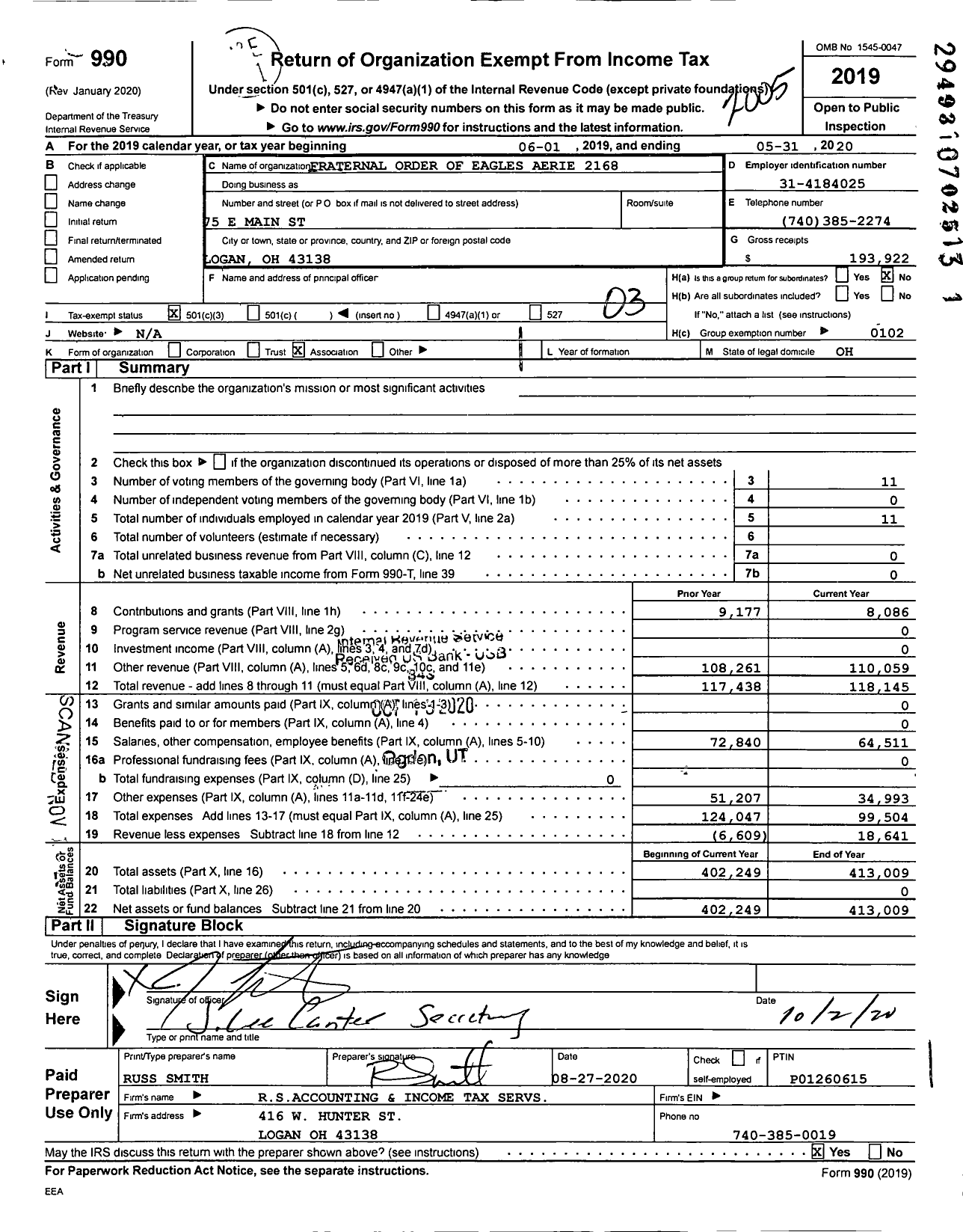 Image of first page of 2019 Form 990 for Fraternal Order of Eagles - 2168 Aerie