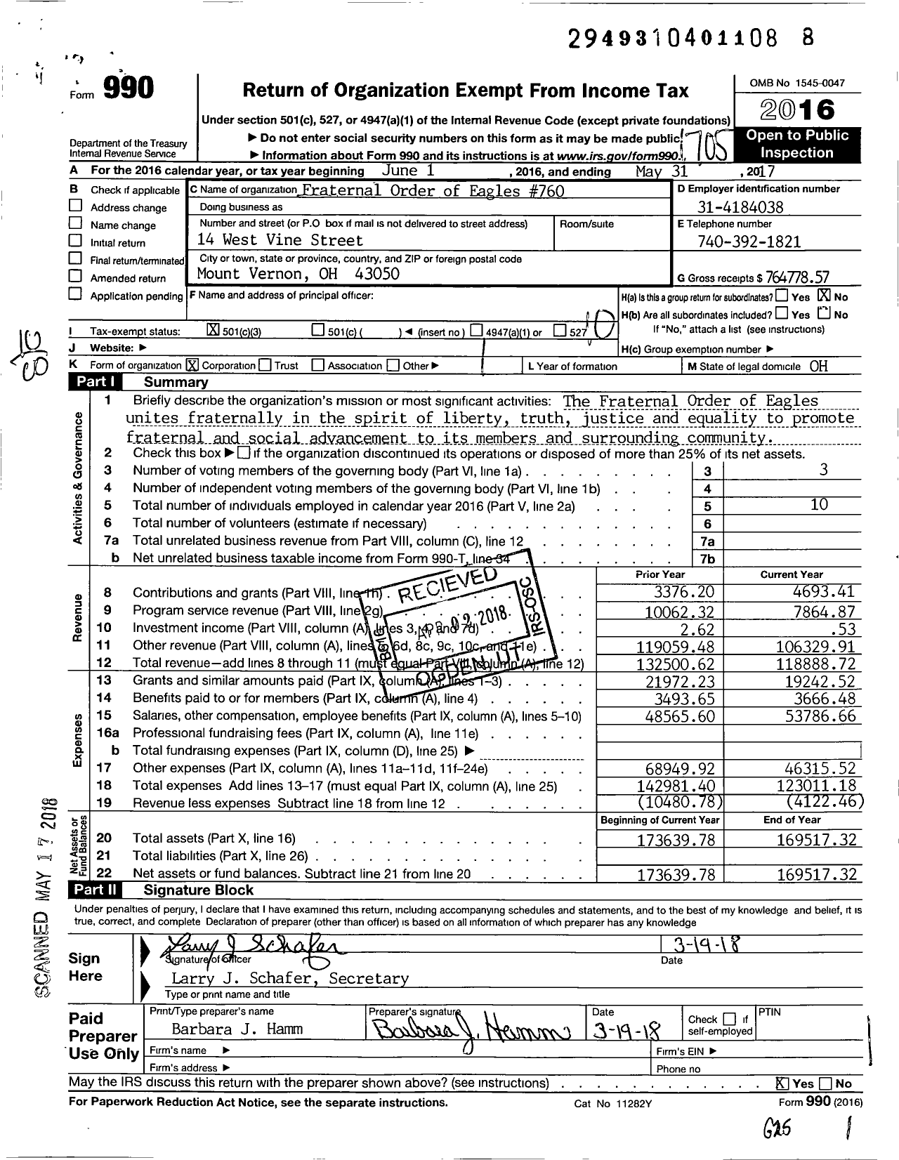 Image of first page of 2016 Form 990O for Fraternal Order of Eagles 760