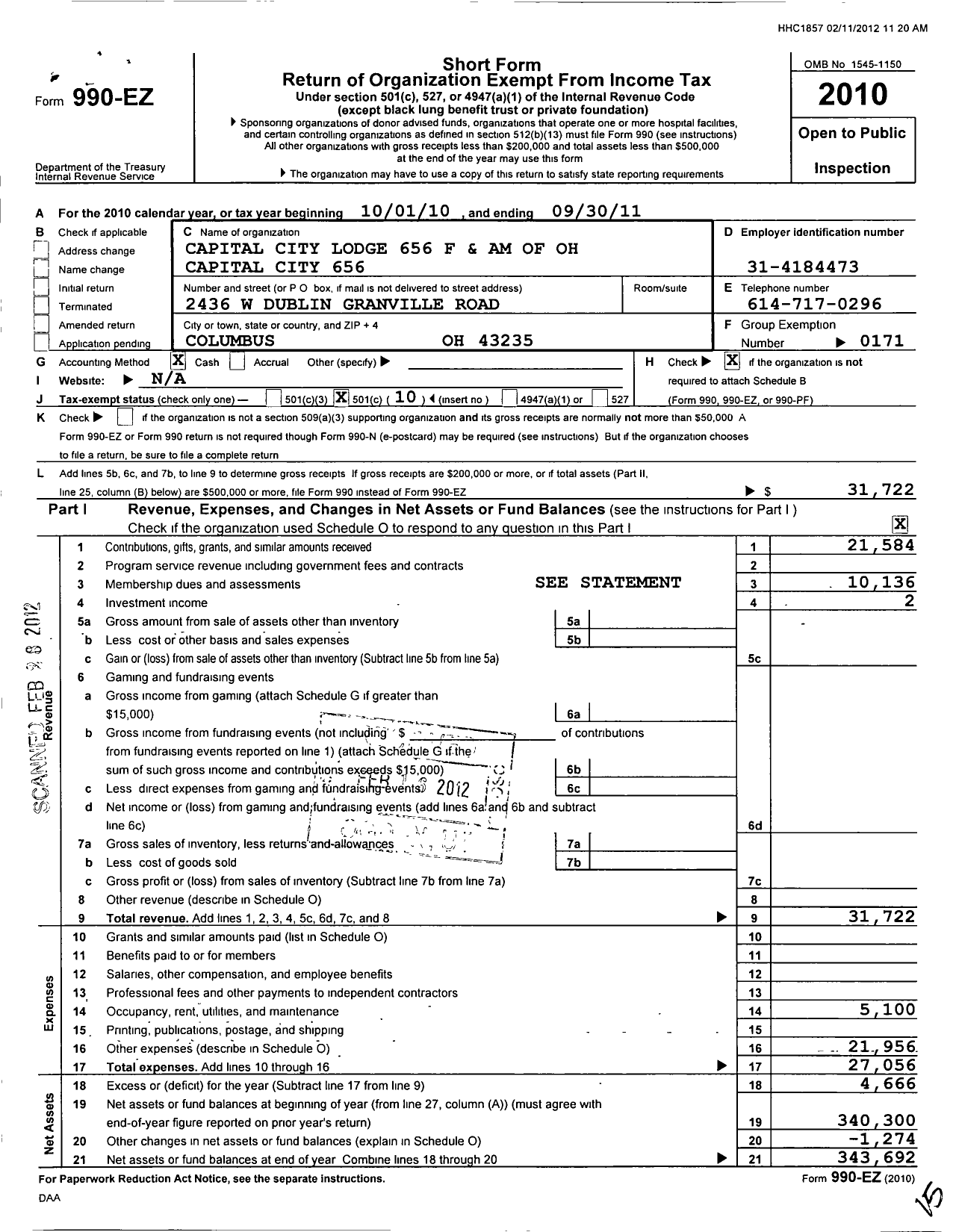 Image of first page of 2010 Form 990EO for Capital City Lodge F&am