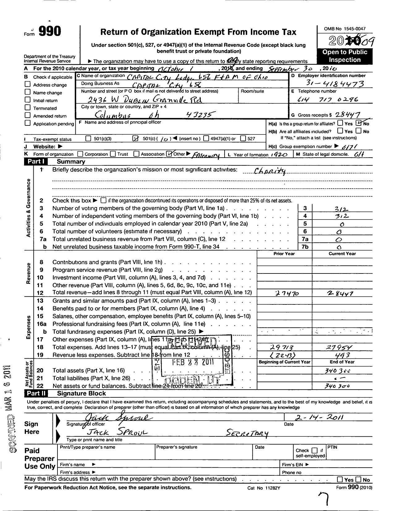 Image of first page of 2009 Form 990O for Capital City Lodge F&am