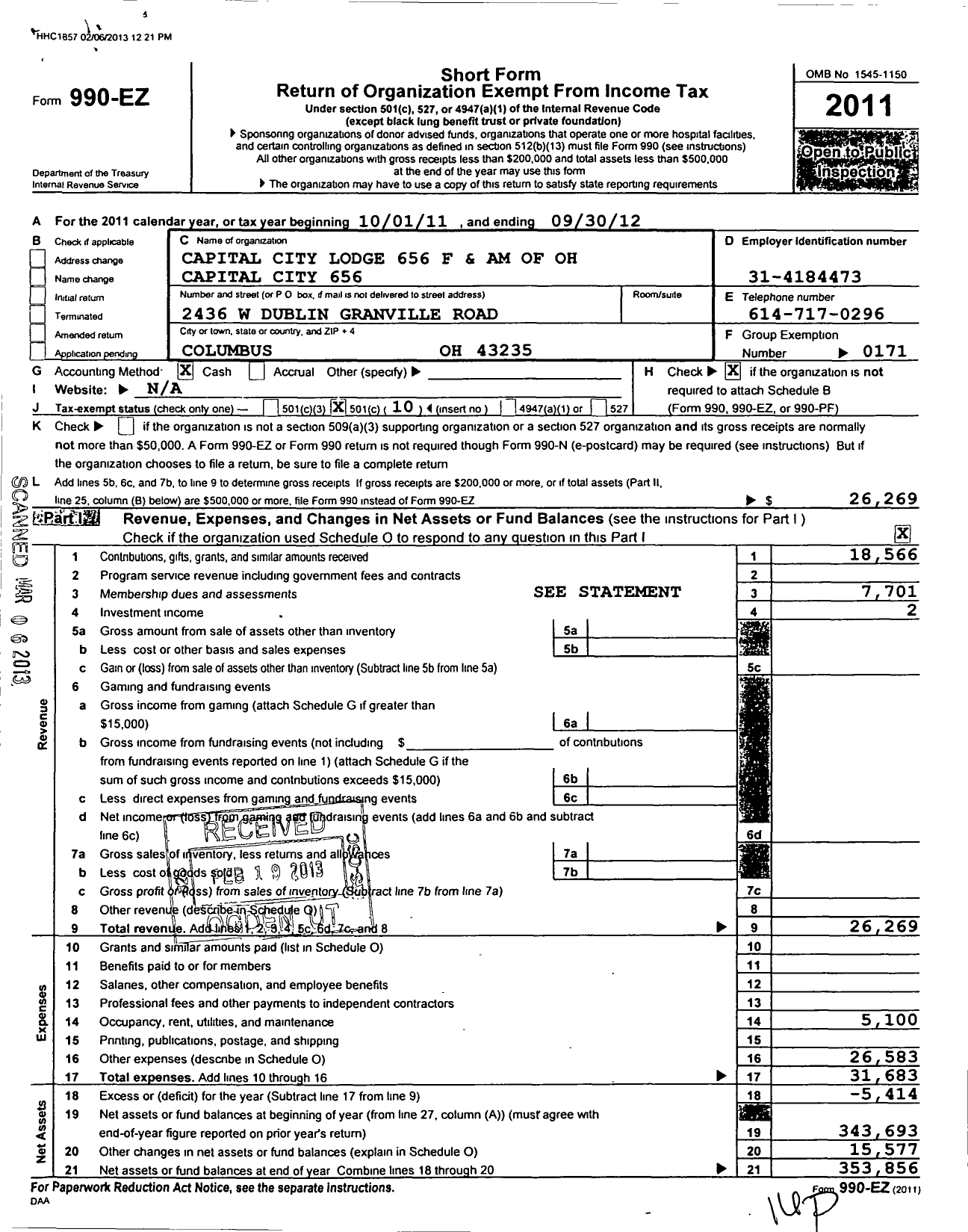 Image of first page of 2011 Form 990EO for Capital City Lodge F&am