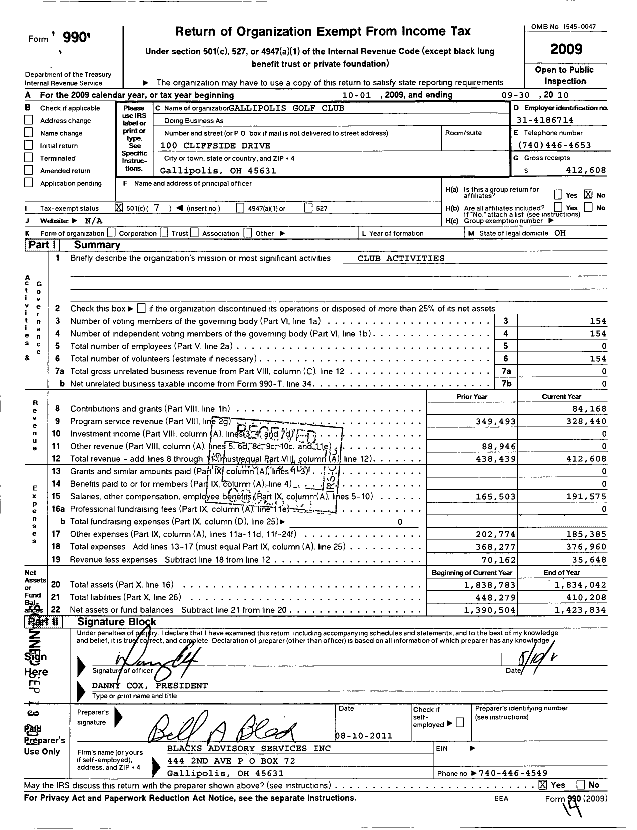 Image of first page of 2009 Form 990O for Gallipolis Golf Club