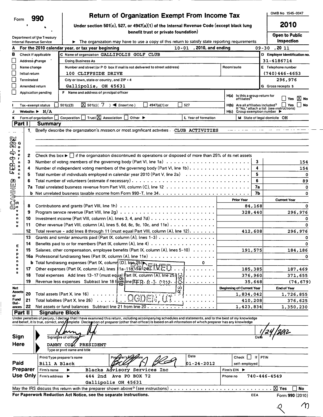 Image of first page of 2010 Form 990O for Gallipolis Golf Club