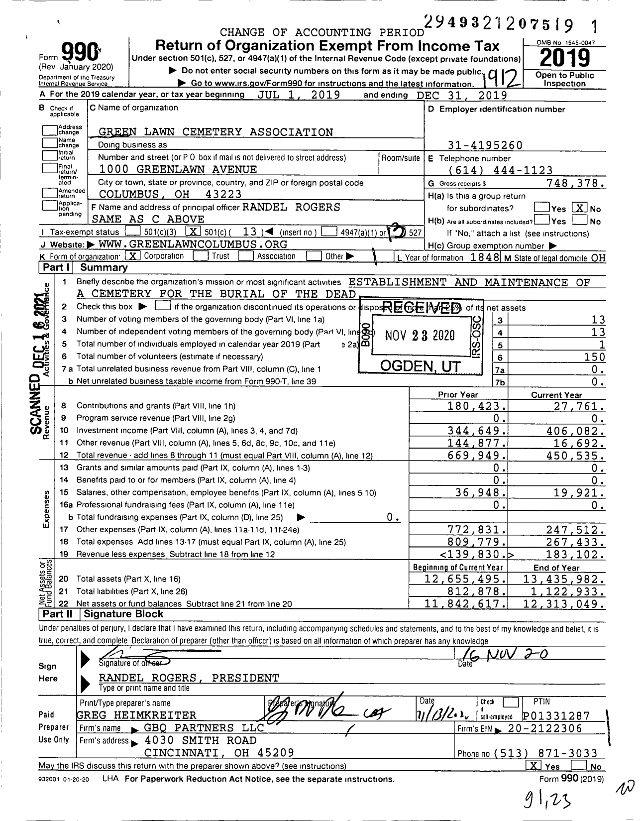 Image of first page of 2019 Form 990O for Green Lawn Cemetery Association