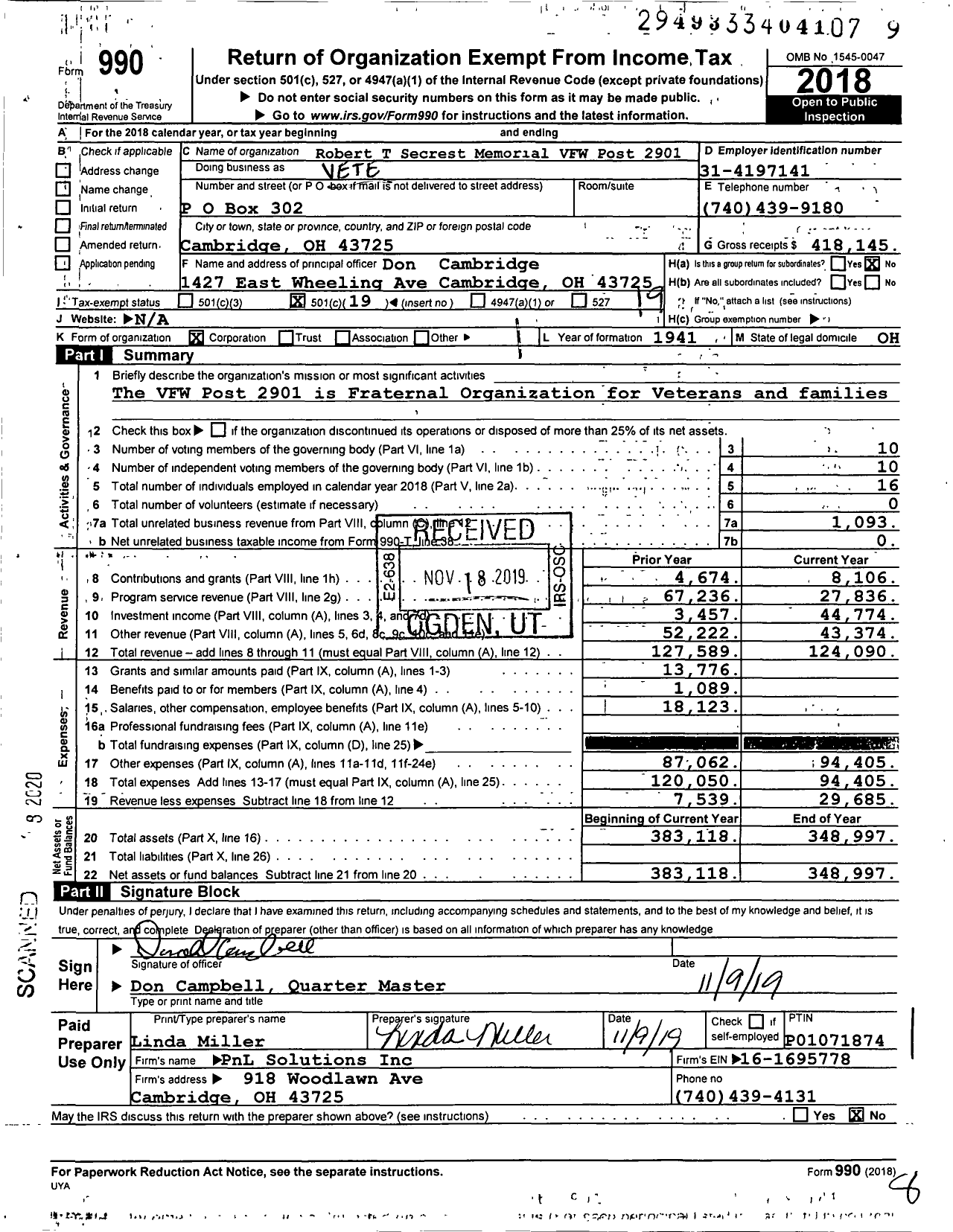 Image of first page of 2018 Form 990O for Ohio VFW - Robert T Secrest Memorial VFW Post 2901 VFW