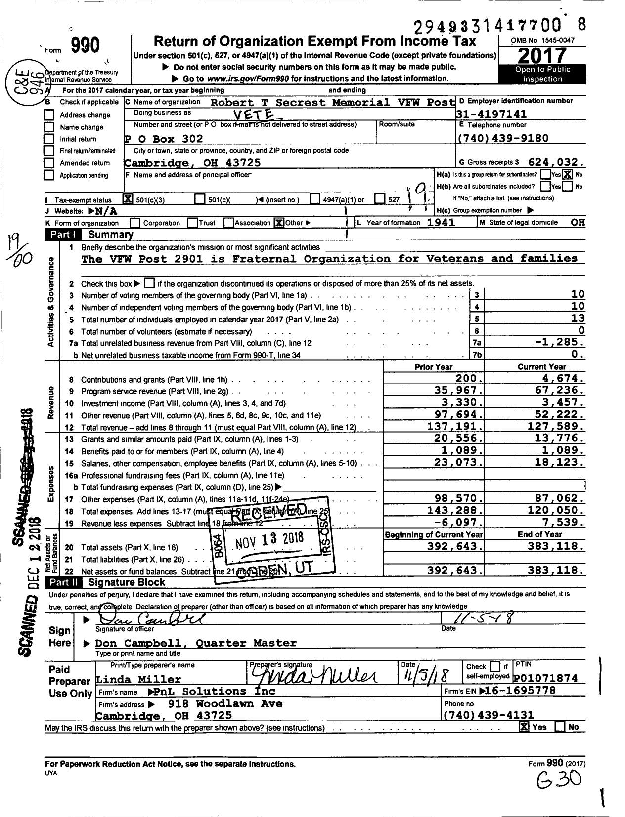 Image of first page of 2017 Form 990O for Ohio VFW - Robert T Secrest Memorial VFW Post 2901 VFW