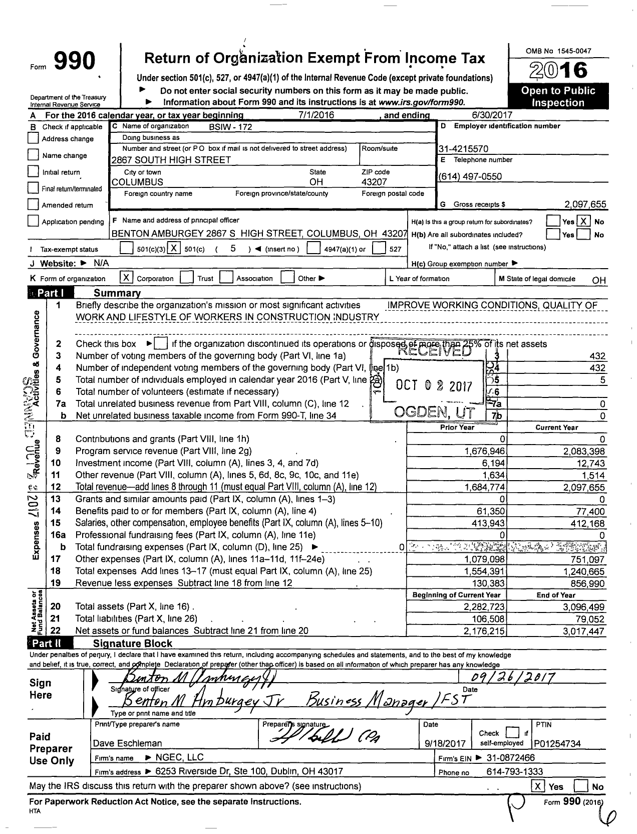 Image of first page of 2016 Form 990O for Bsiw-172