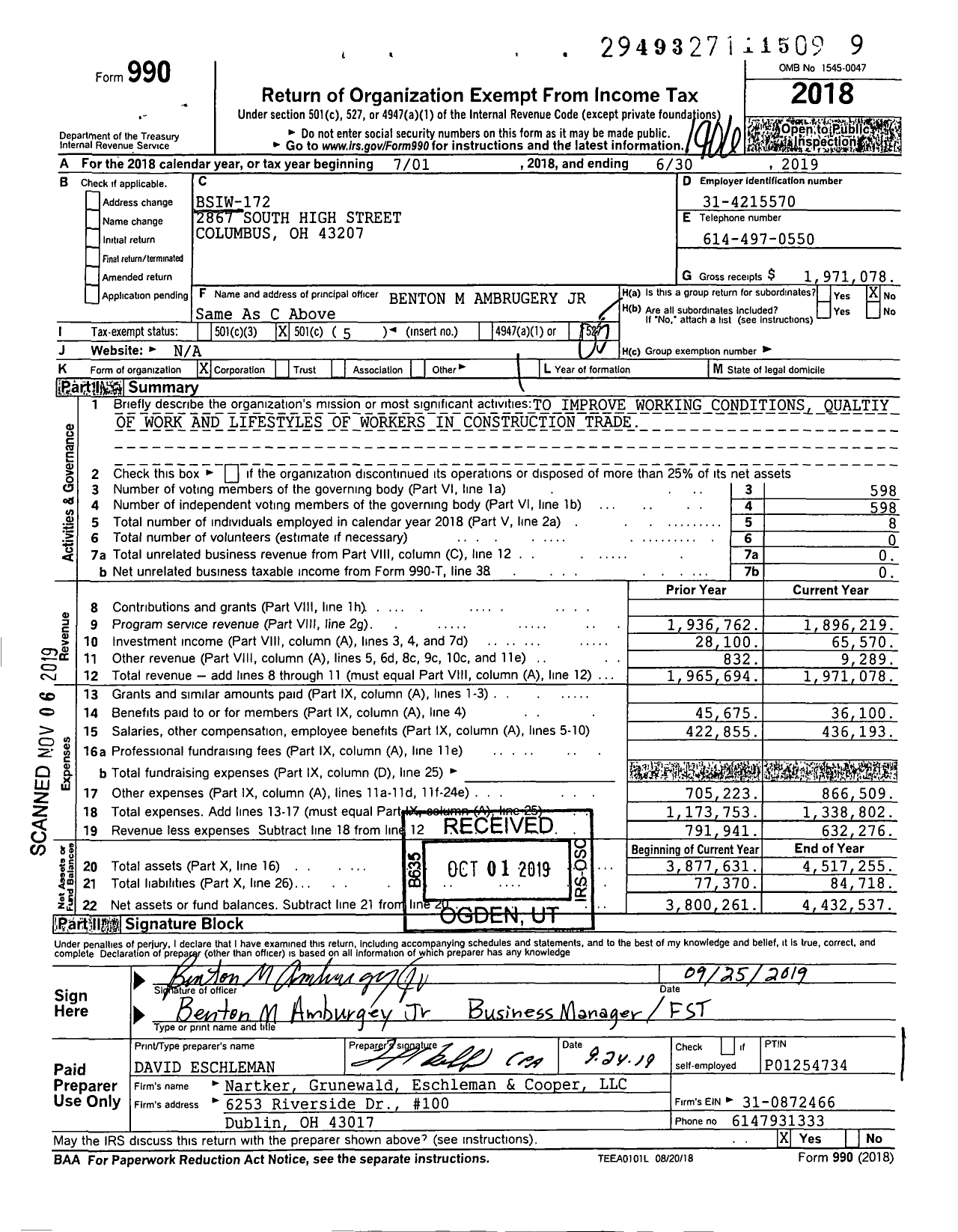 Image of first page of 2018 Form 990O for Bsiw-172