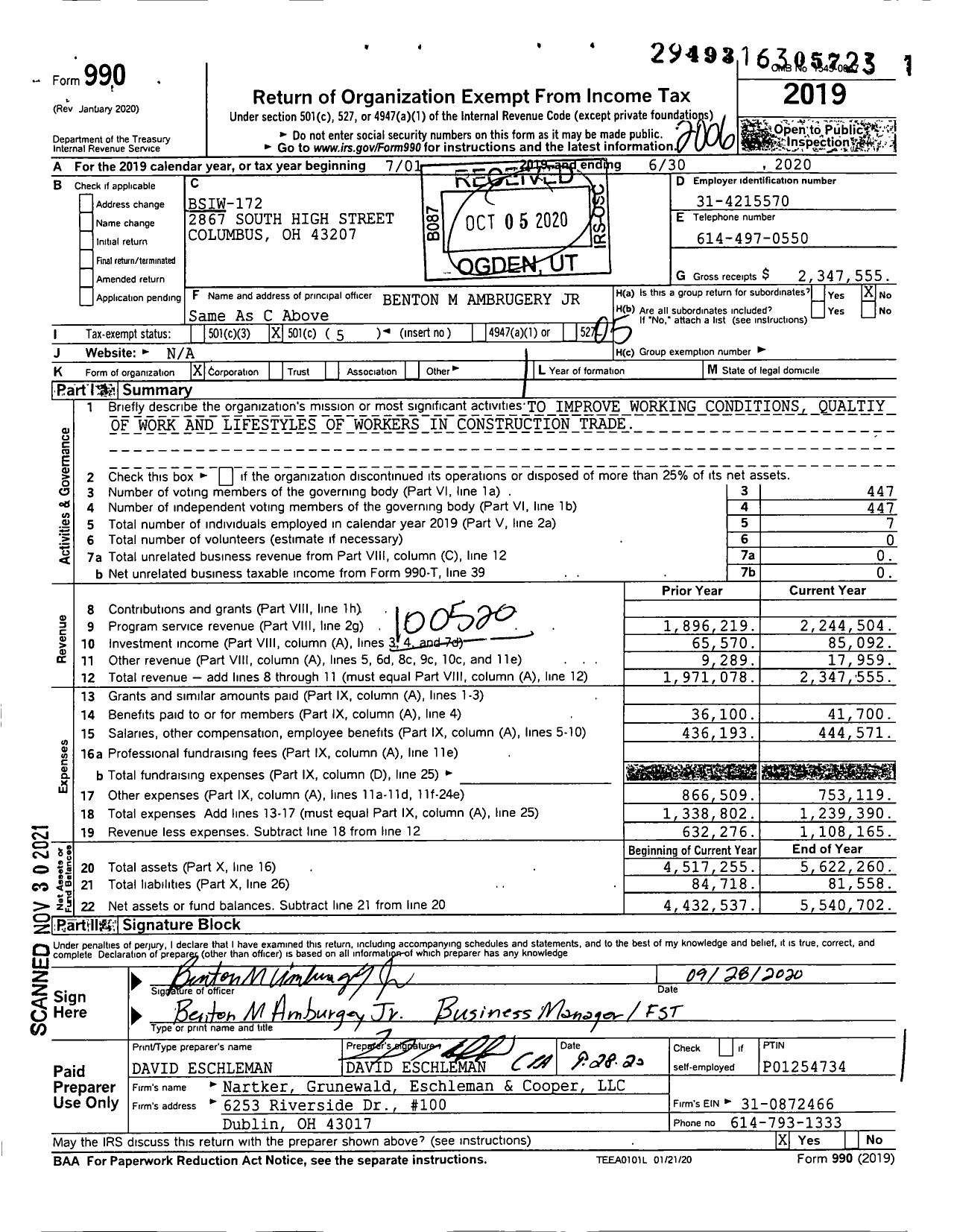 Image of first page of 2019 Form 990O for Bsiw-172