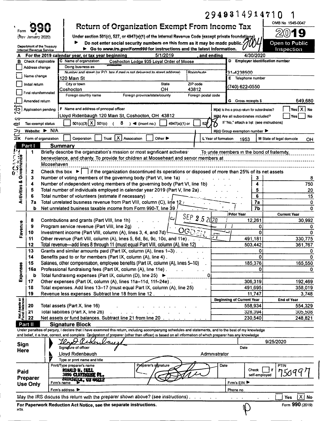 Image of first page of 2019 Form 990O for Loyal Order of Moose - 935