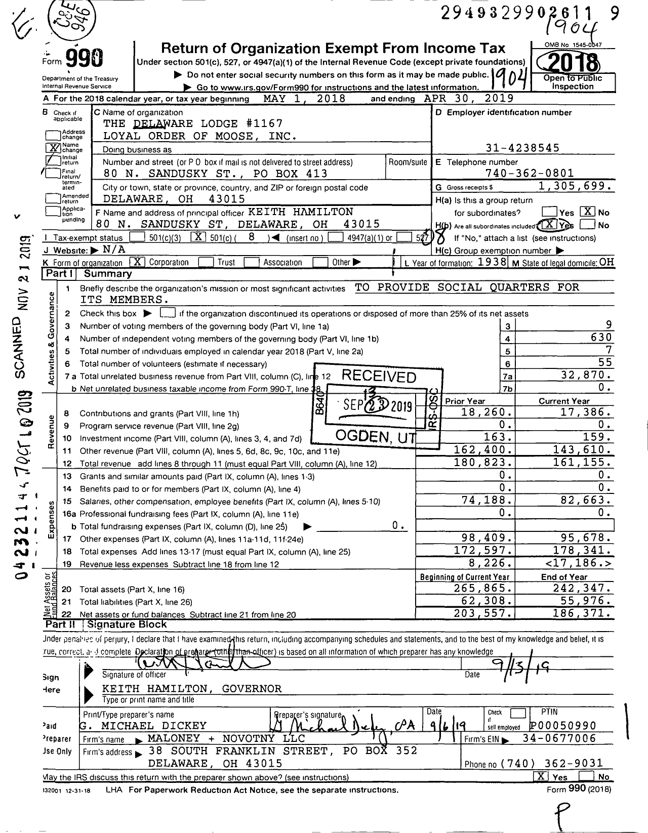 Image of first page of 2018 Form 990O for Loyal Order of Moose - 1167