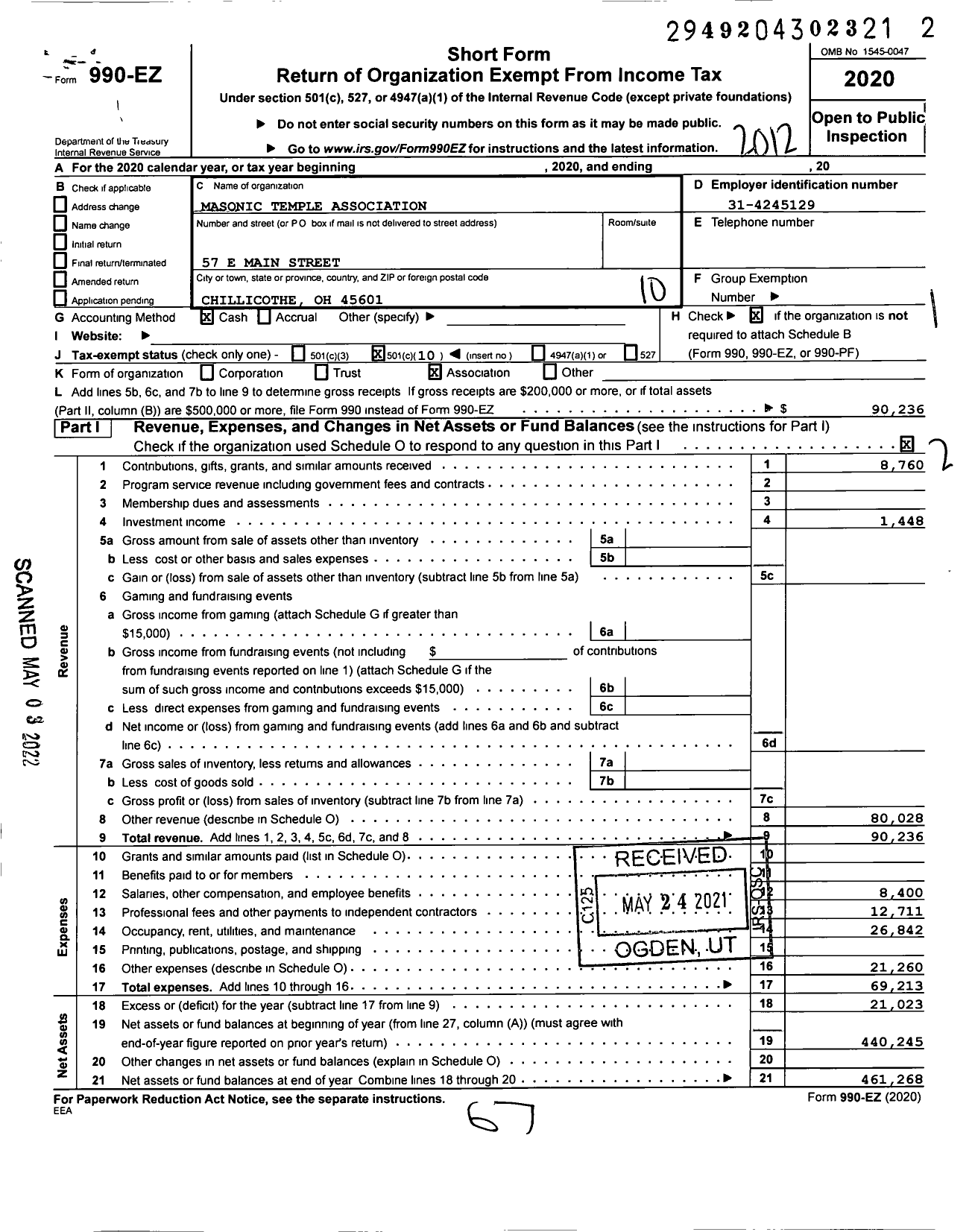 Image of first page of 2020 Form 990EO for Masonic Temple Association