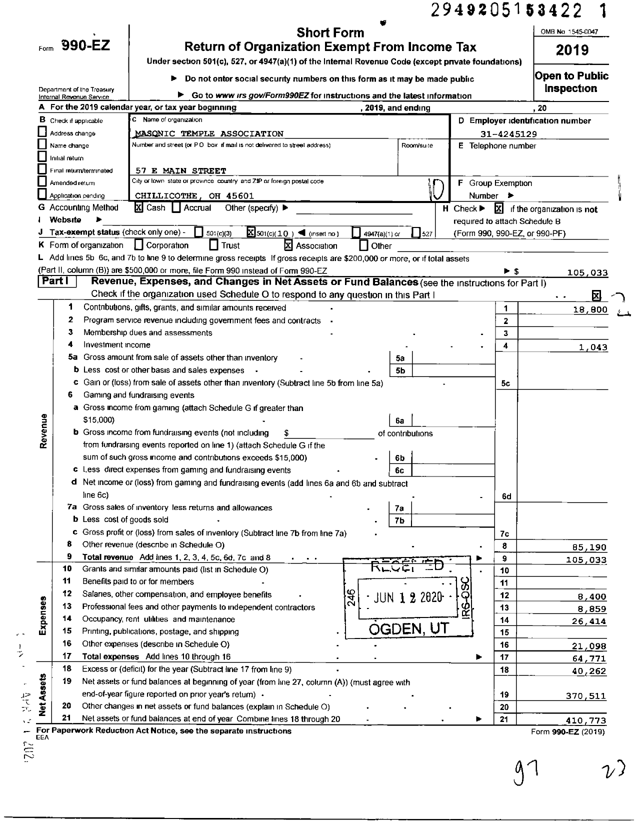 Image of first page of 2019 Form 990EO for Masonic Temple Association