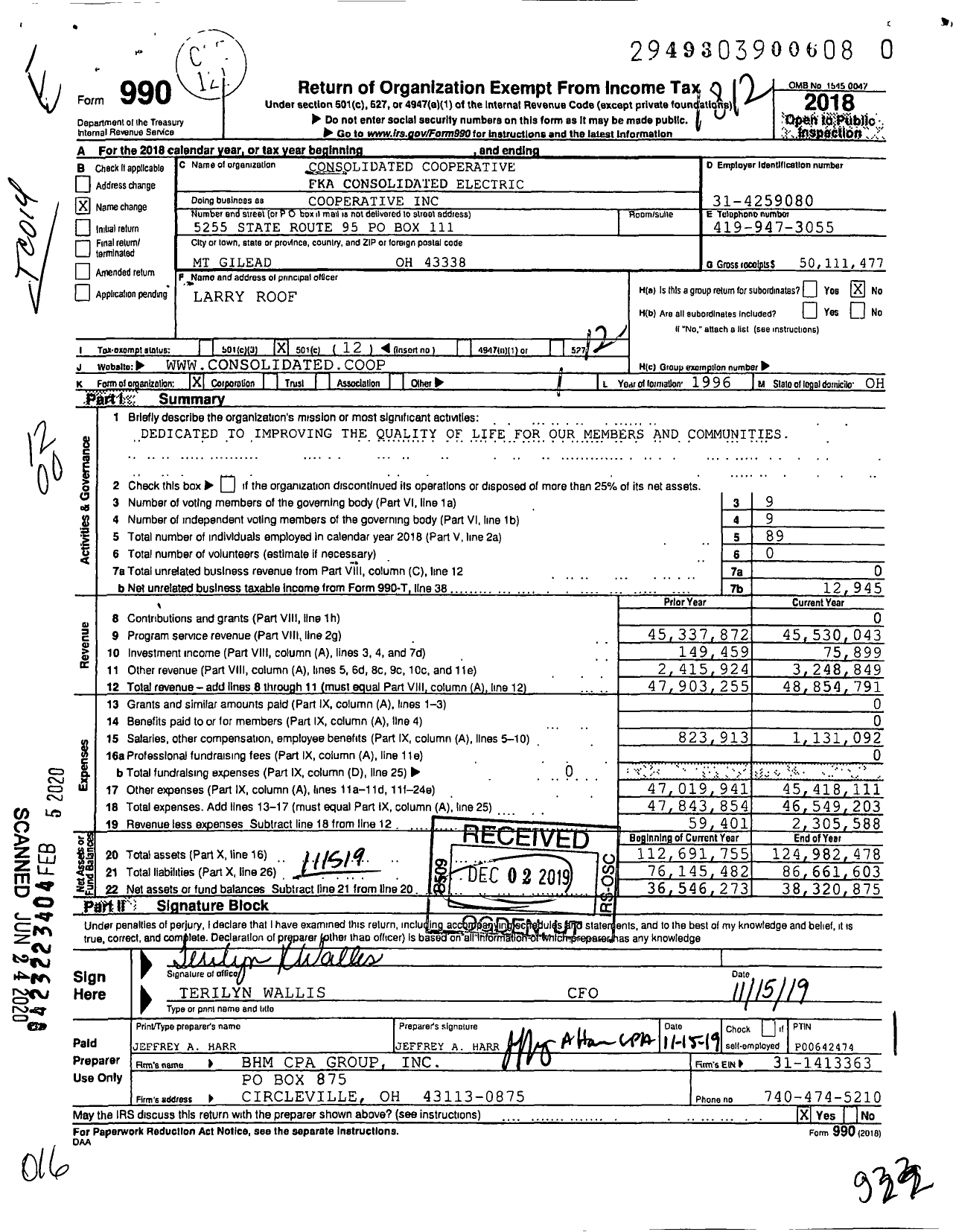 Image of first page of 2018 Form 990O for Consolidated Cooperative