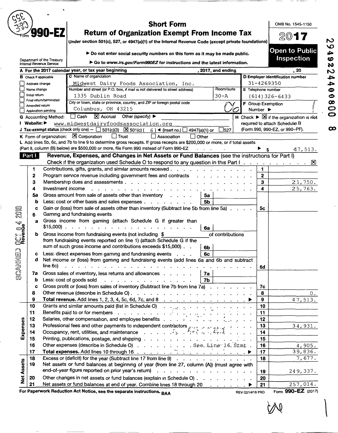 Image of first page of 2017 Form 990EO for Ohio Dairy Foods Association